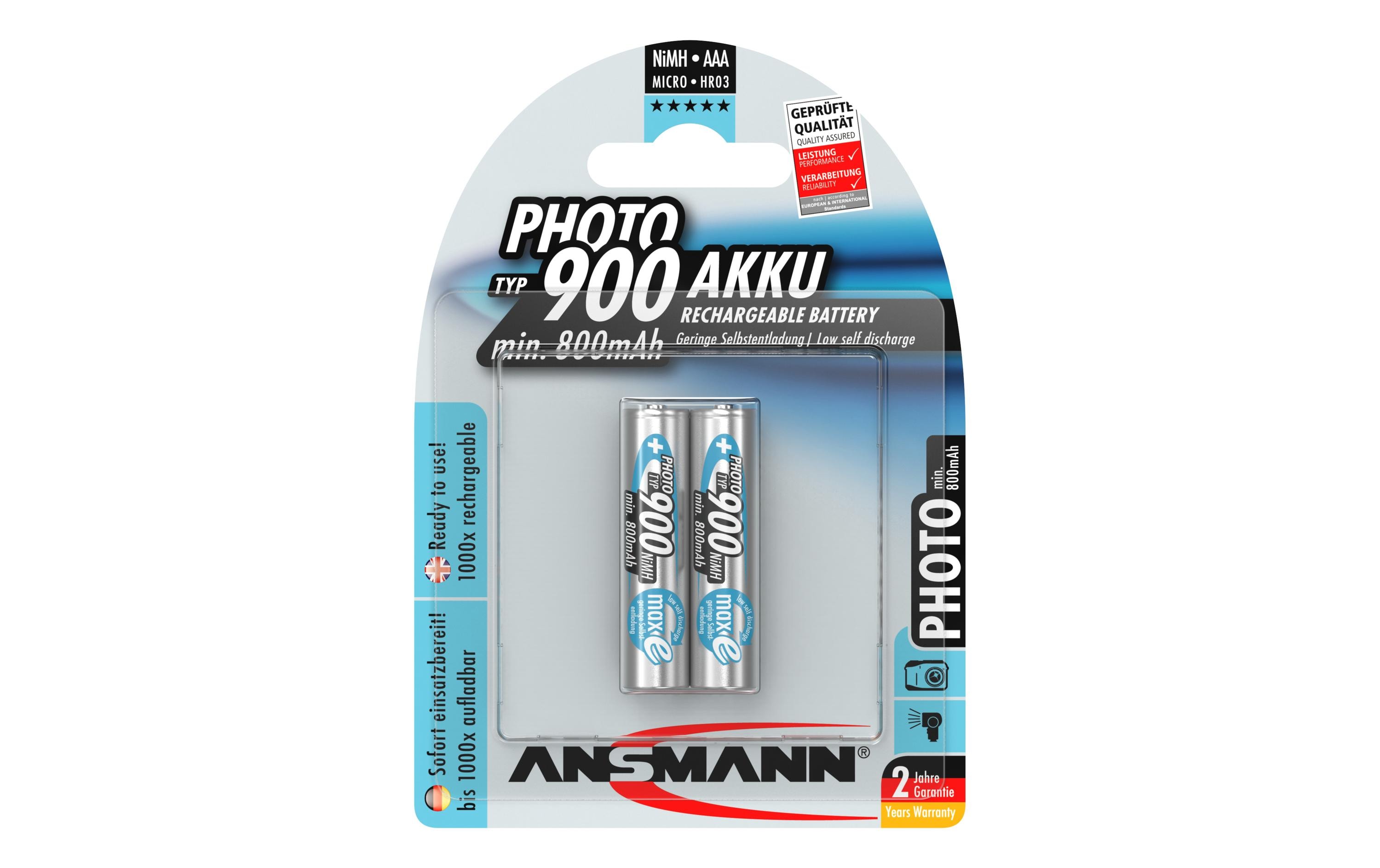 Ansmann Akku 2x AAA Typ 900 800 mAh für Digitalkameras, usw.