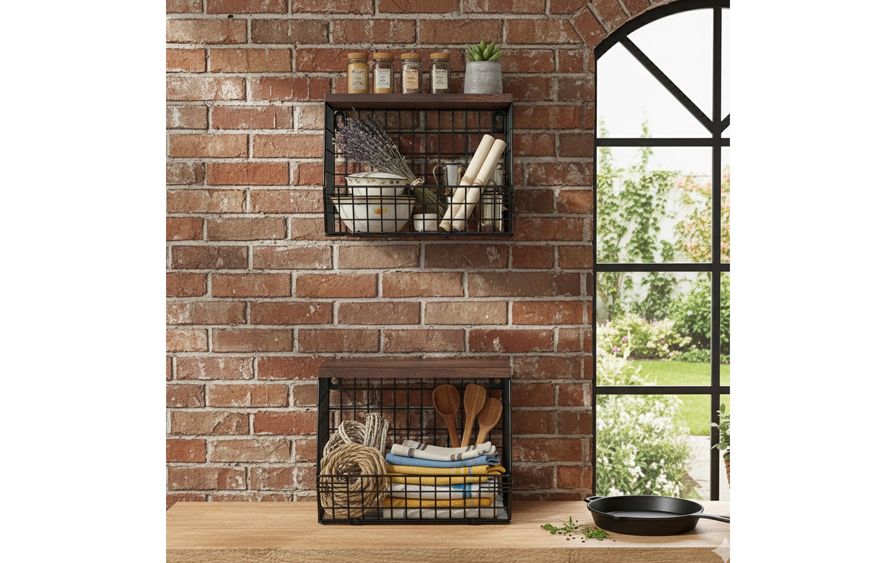 relaxdays Organizer Obstkorb Wandregal 21 x 30 cm Braun/Schwarz