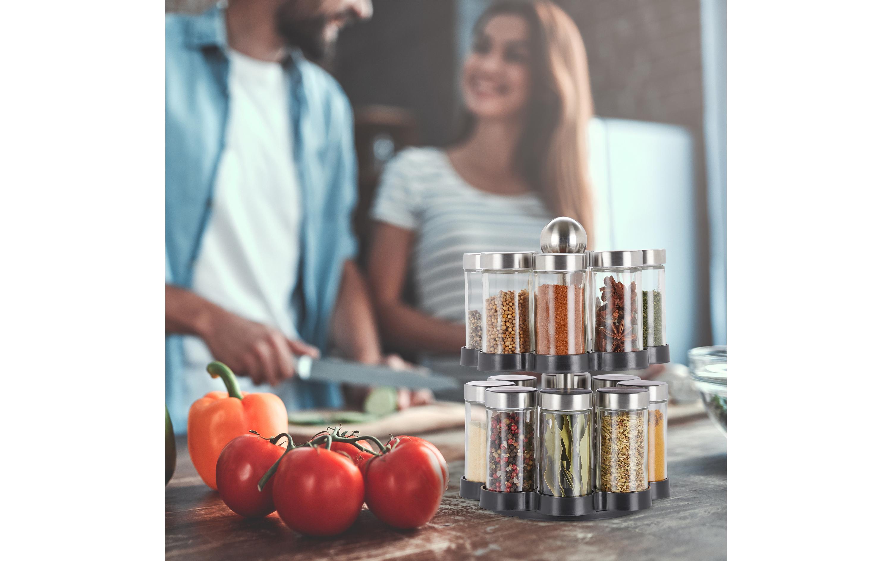 relaxdays Gewürzkarussell 16er Set Schwarz/Silber/Transparent