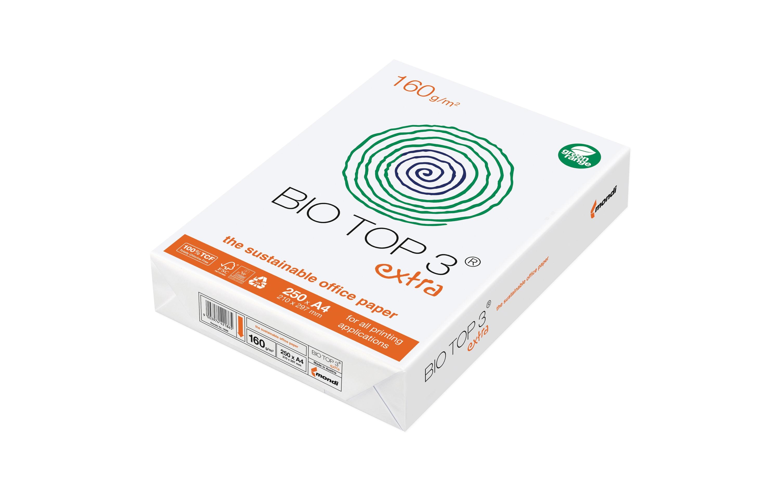 Bio Top Kopierpapier Bio Top 3 Extra A4, Weiss, 160 g/m², 250 Blatt Bio Top Kopierpapier Bio Top 3 Extra A4, Weiss, 160 g/m², 250 Blatt