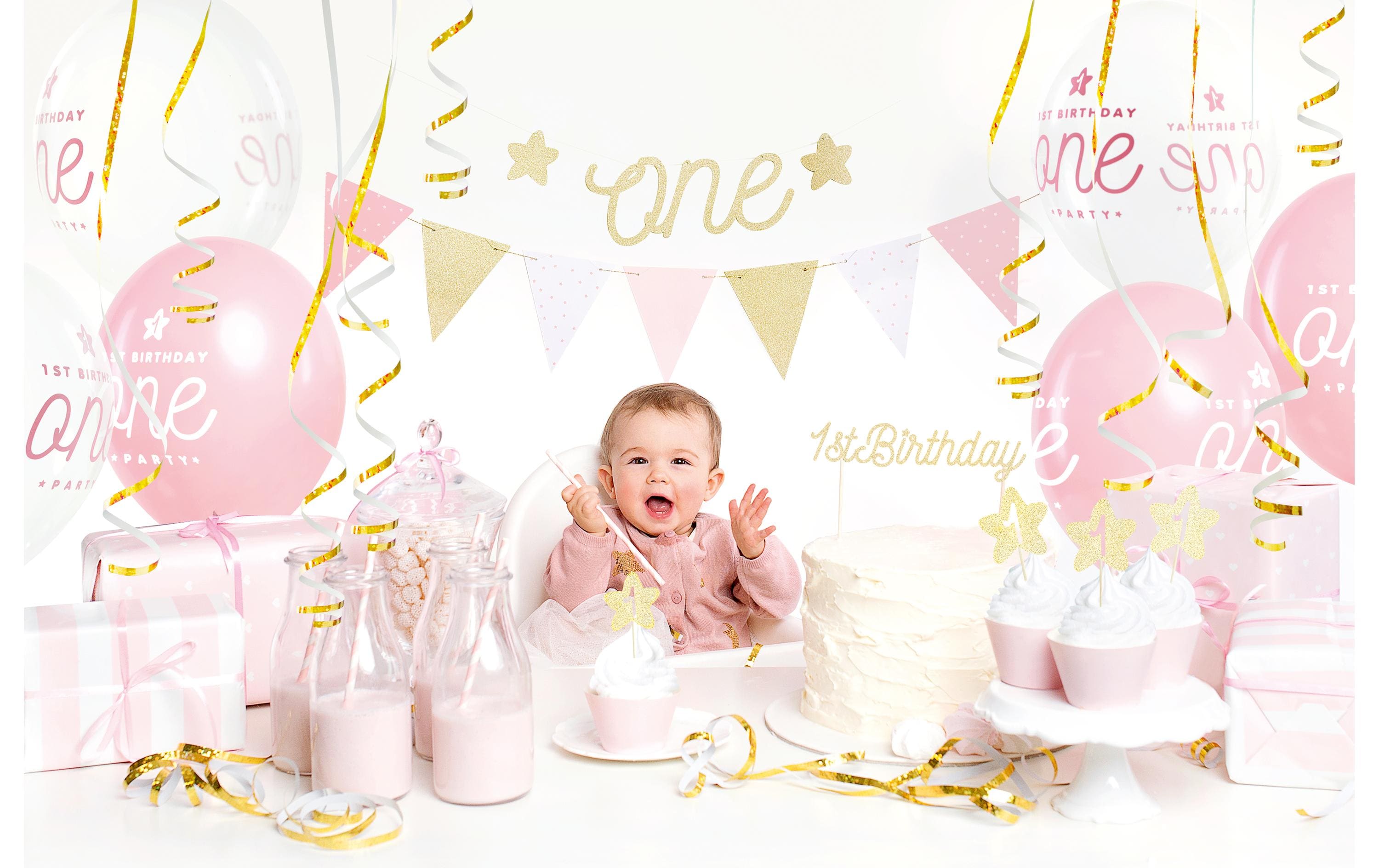 Partydeco Partyset 1st Birthday gold 9-teilig, Gold/Rosa