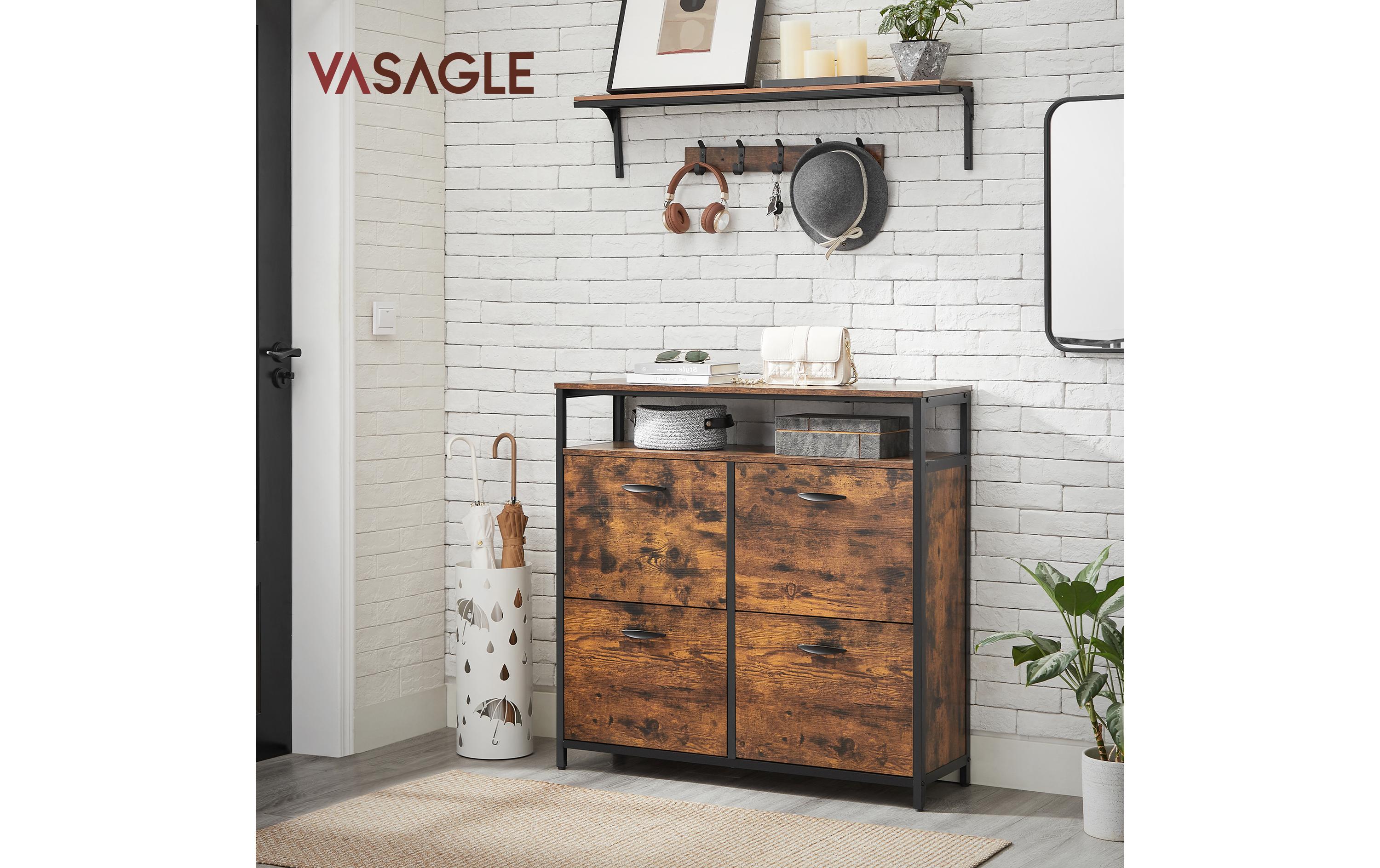 VASAGLE Schuhschrank mit 4 Klappen 95 x 98.3 cm, Braun/Schwarz