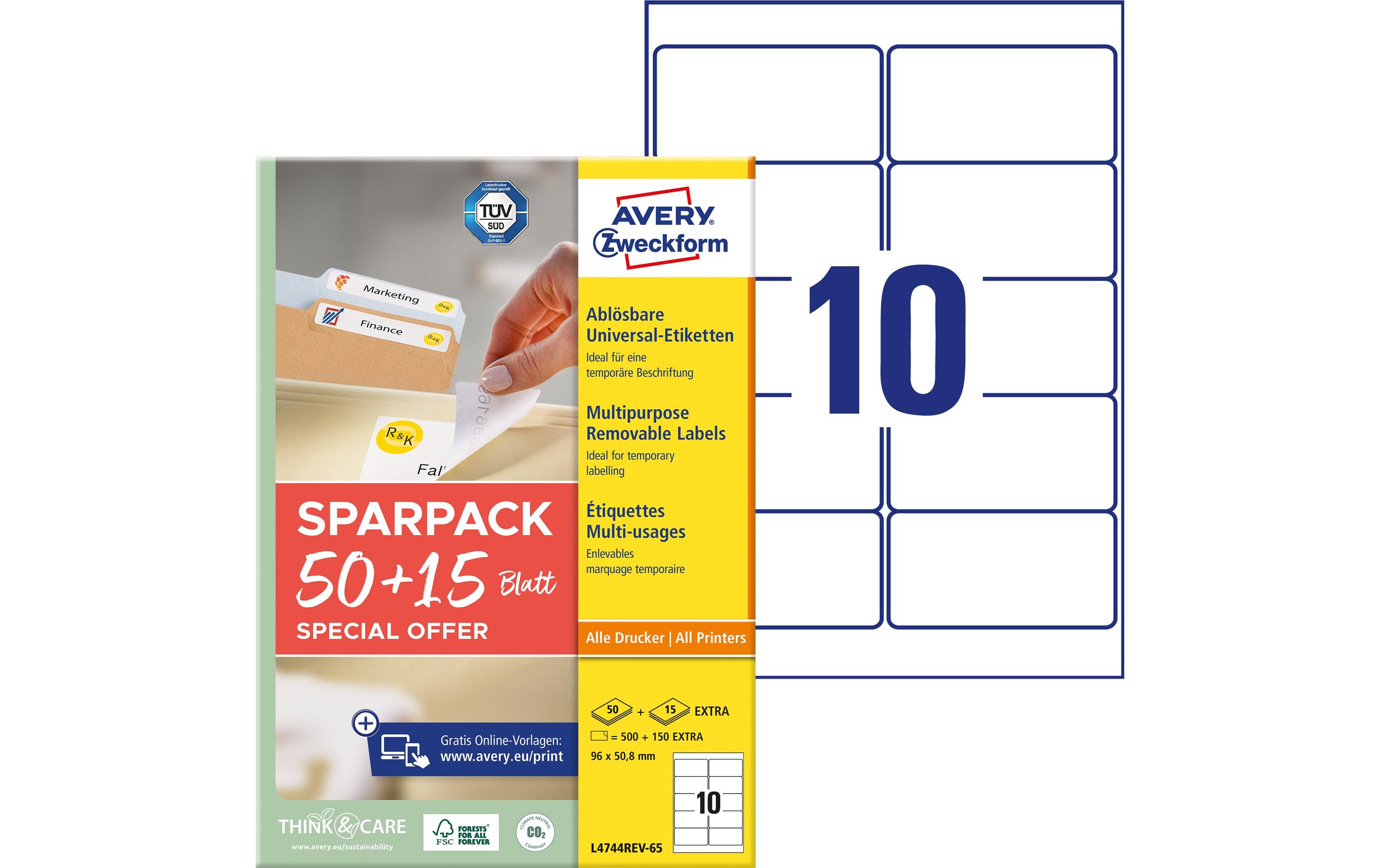 Avery Zweckform Universal-Etiketten L4744REV-65, 96 x 50.8 mm, 65 Blatt