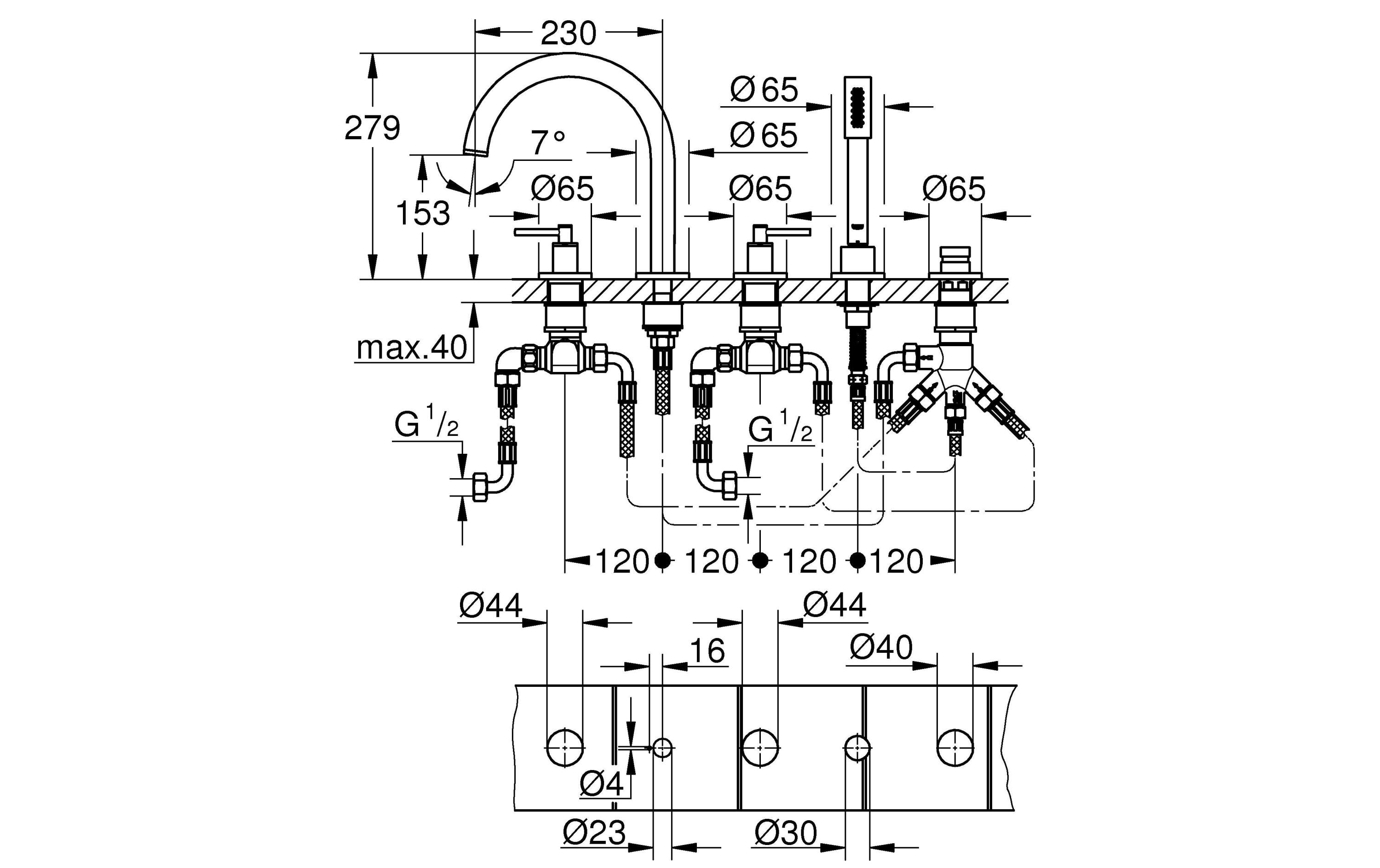 GROHE Badewannenarmatur Atrio Kombi, Chrom, Hebelgriffe