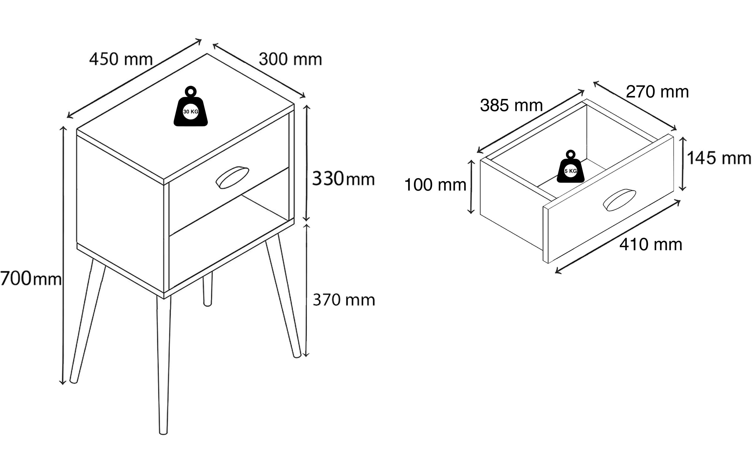 VCM Nachttisch Singol XL 45 x 70 cm, Weiss/Anthrazit