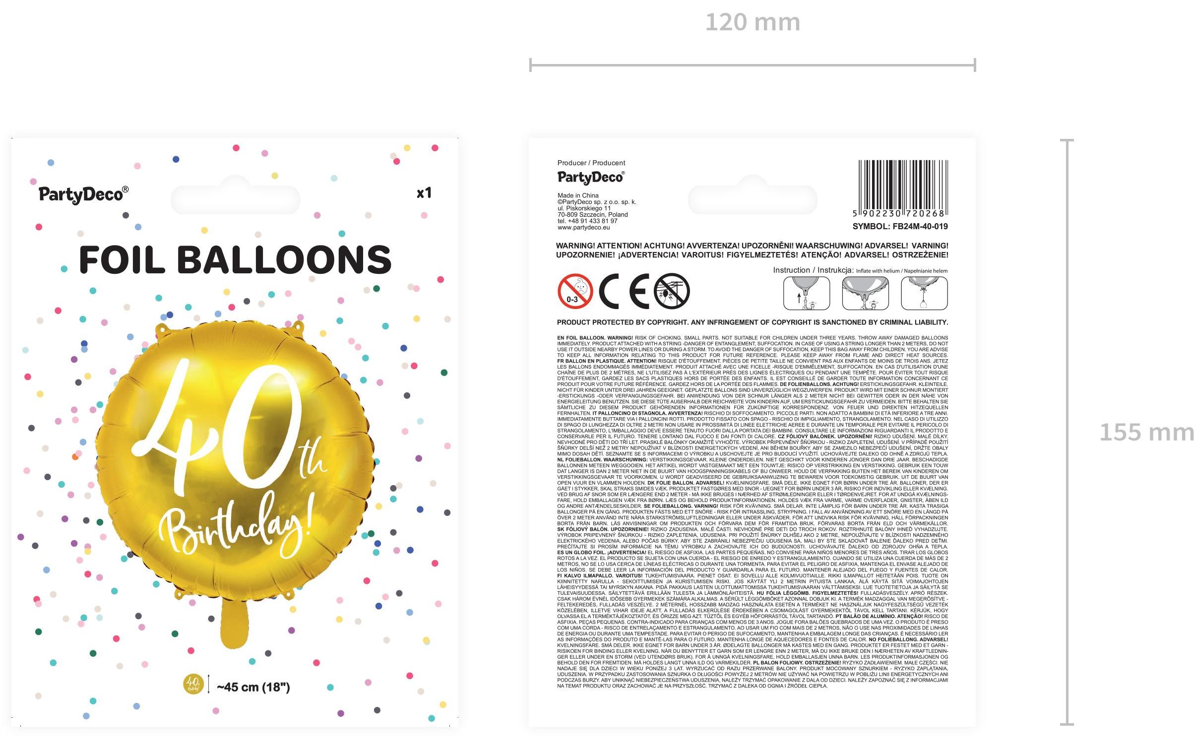 Partydeco Folienballon 40th Birthday Gold/Weiss