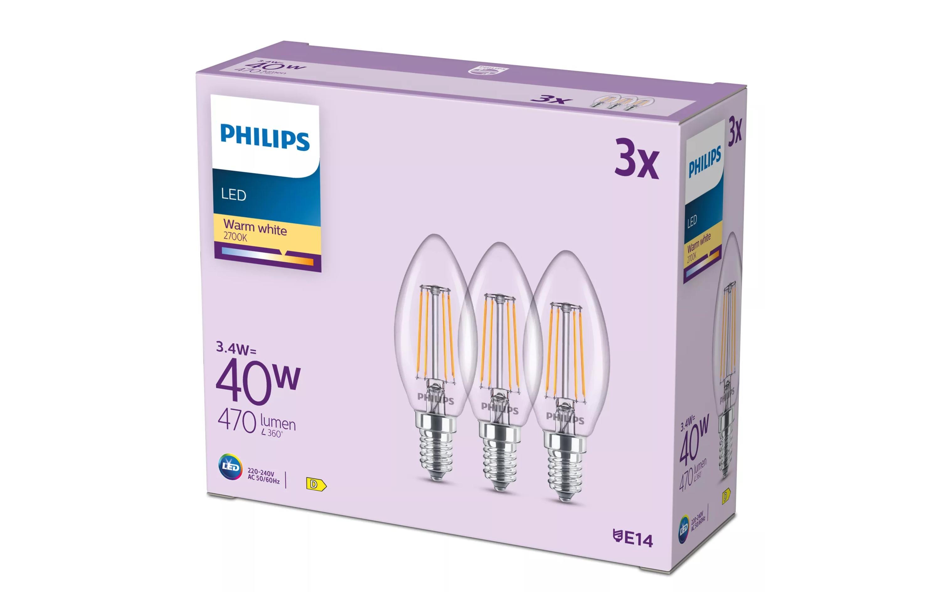 Philips LED Filament-Kerzenlampe ,40 W, B35 E14, 3-er Pack