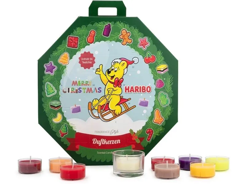 balthasar Adventskalender Haribo Teelichthalter Glas 24 Teelichter