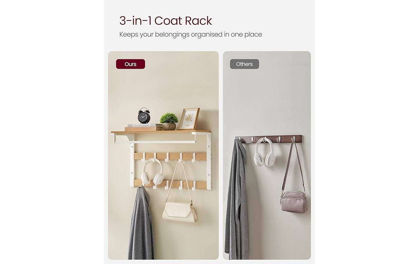 VASAGLE Wandgarderobe mit 10 Haken 65 cm x 42 cm, Weiss/Braun