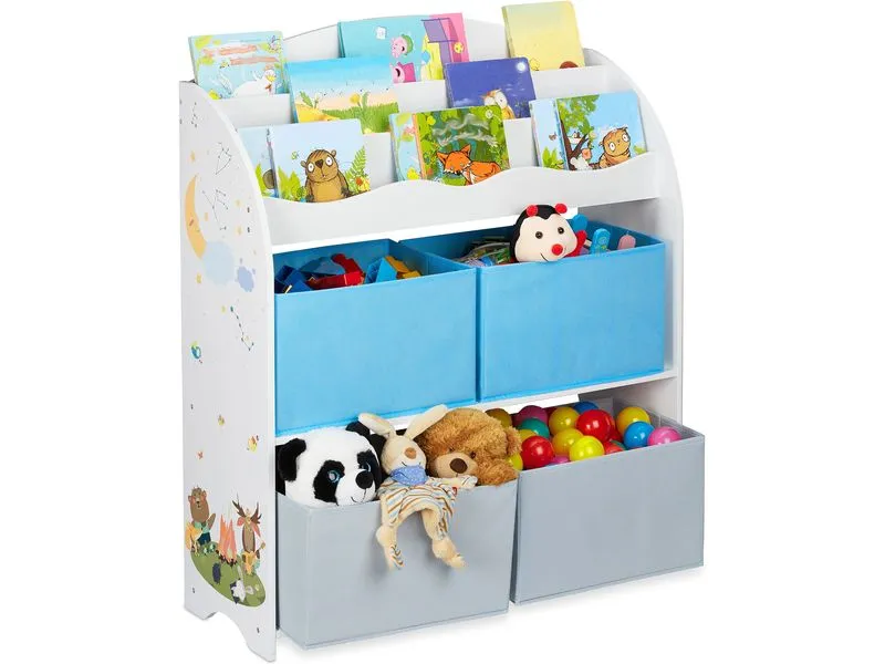 relaxdays Spielregal, 4 Boxen, 3 Bücherfächer