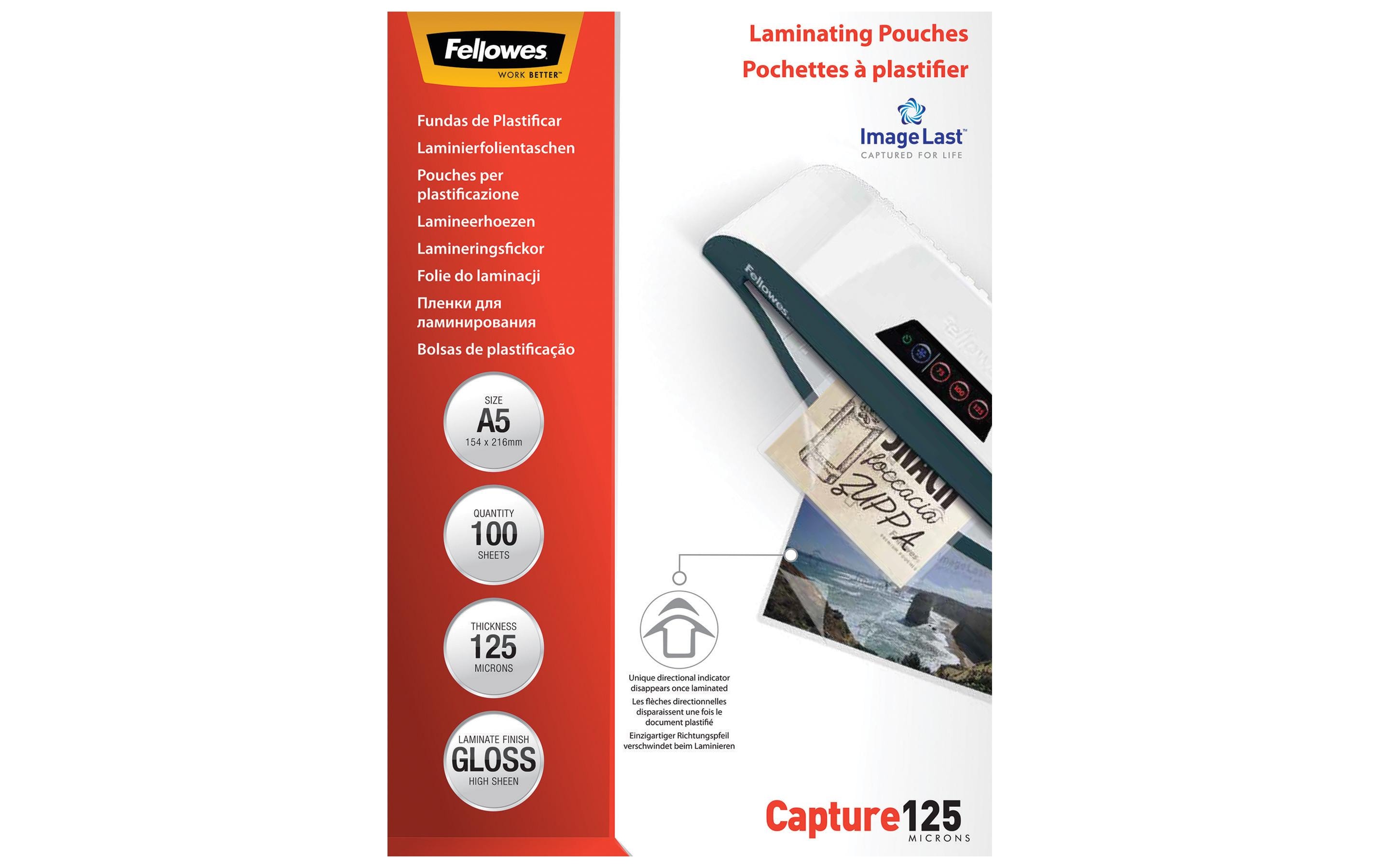 Fellowes Laminierfolie A5, 125 µm, 100 Stück, Glänzend Fellowes Laminierfolie A5, 125 µm, 100 Stück, Glänzend