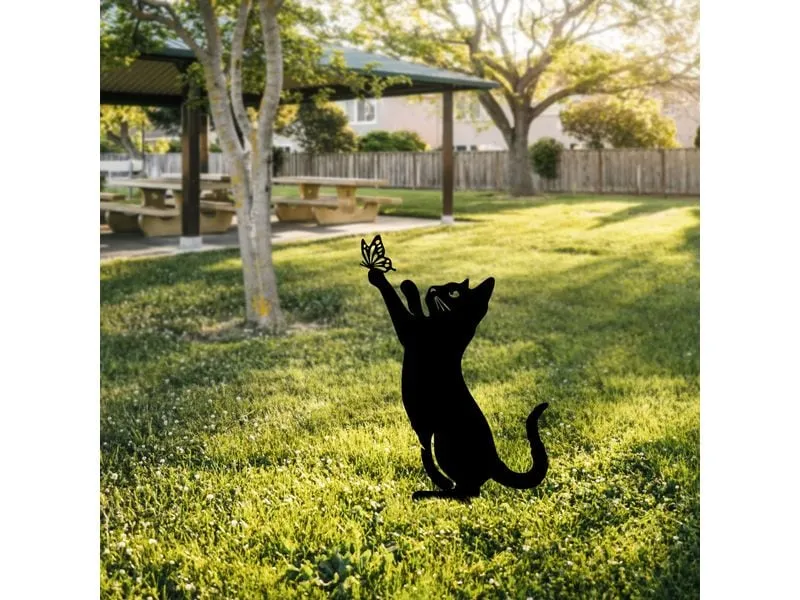 Wallxpert Gartenstecker Katze mit Schmeterling 49 x 24 cm