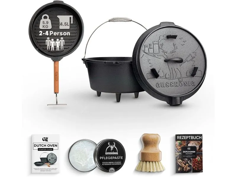 Gusskoenig Dutch Oven Set 4,5 l mit 2in1 Deckelheber mit Füssen