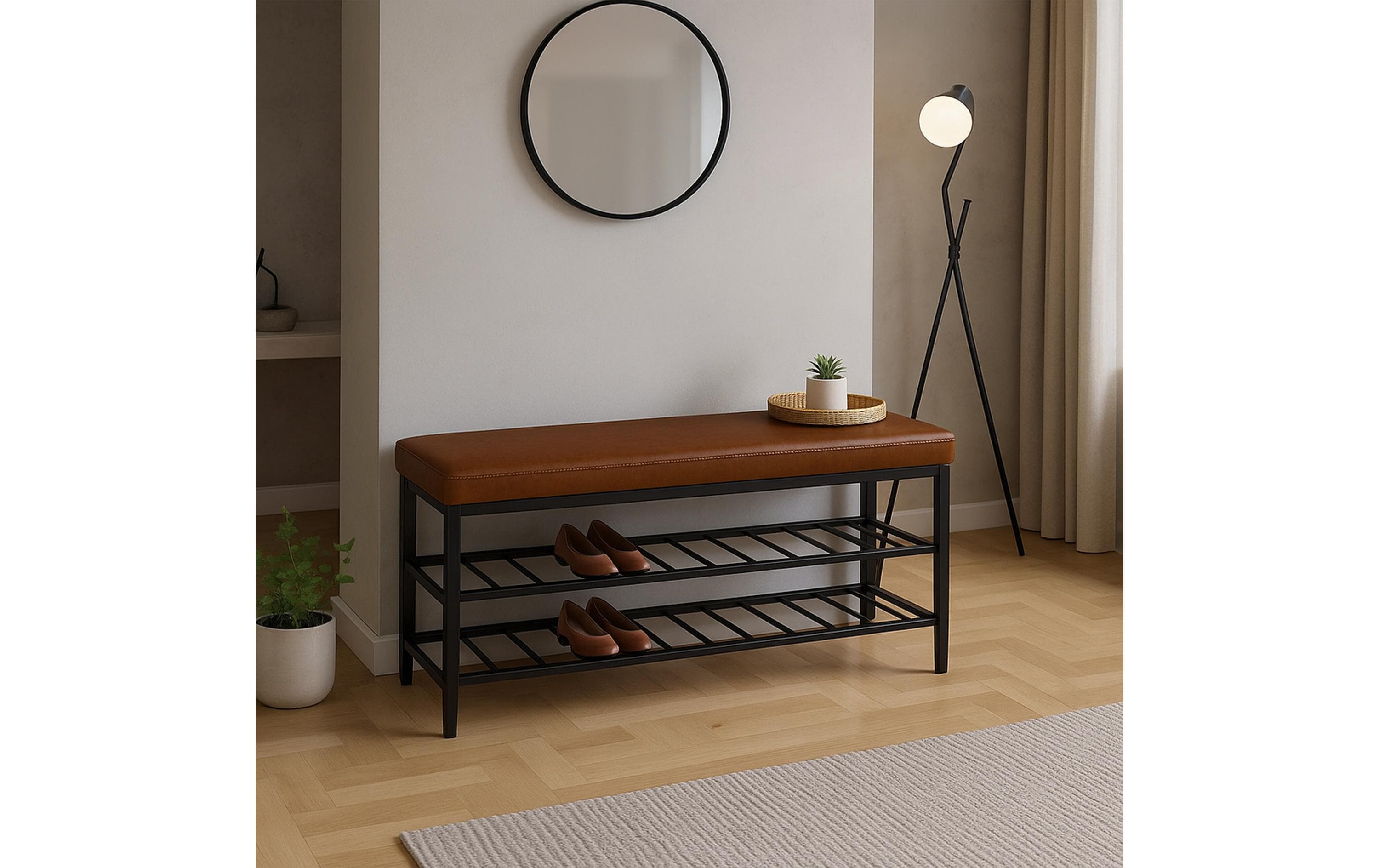 relaxdays Schuhbank mit zwei Ablagen 100 x 50 cm, Braun/Schwarz