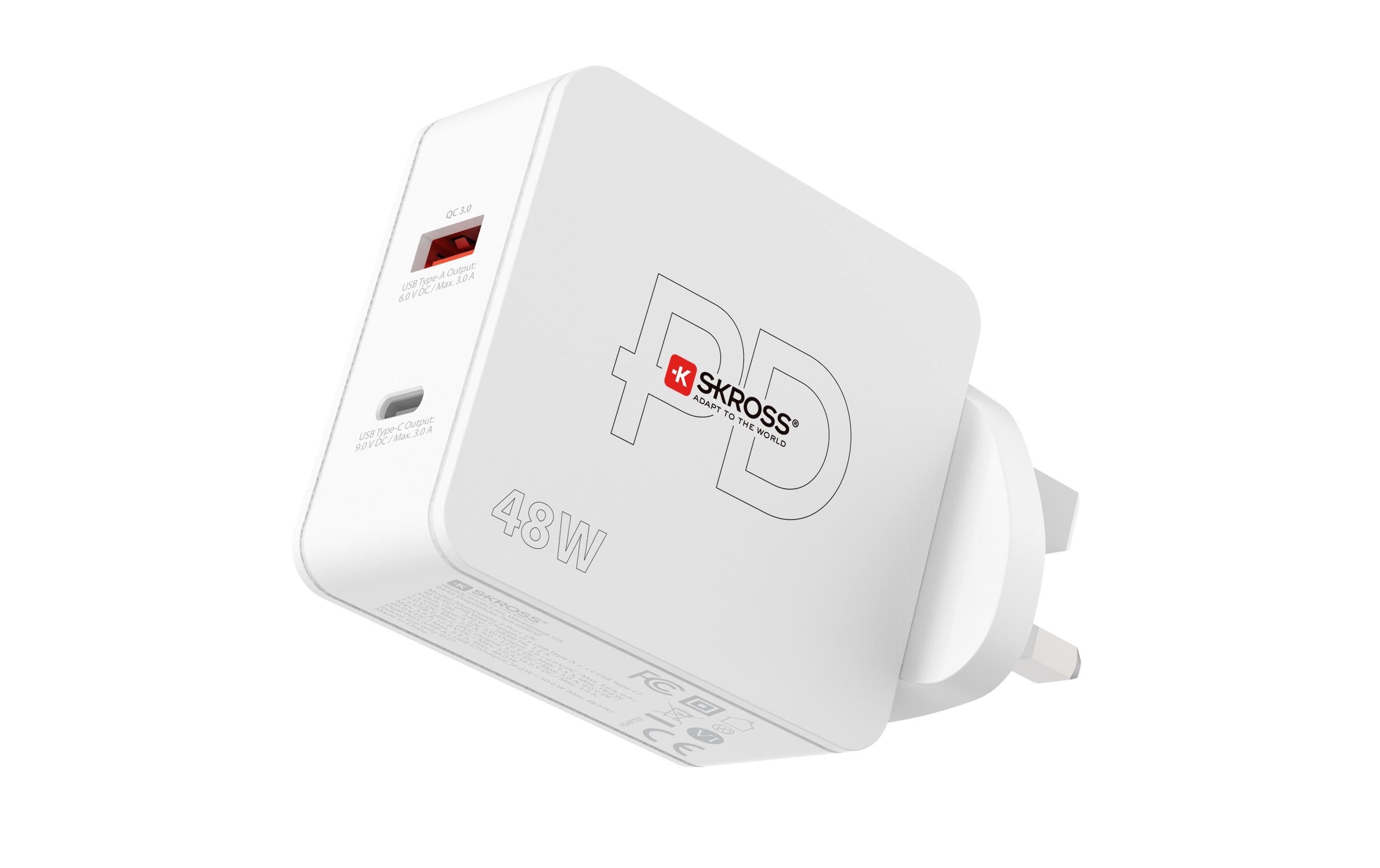 SKROSS USB-Wandladegerät Multipower 2 Pro+, UK, 48 W, Weiss