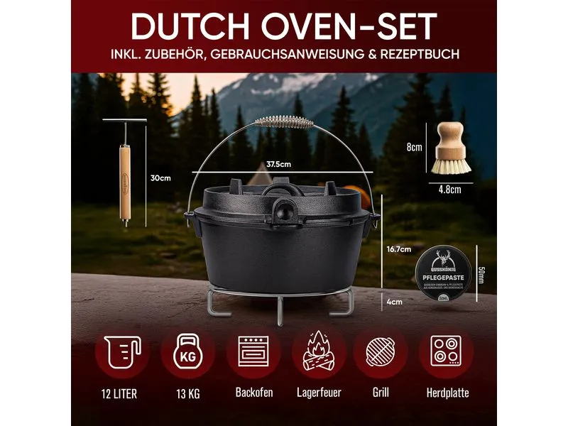 Gusskoenig Dutch Oven Set 12 l mit 2in1 Deckelheber ohne Füsse Gusskoenig Dutch Oven Set 12 l mit 2in1 Deckelheber ohne Füsse