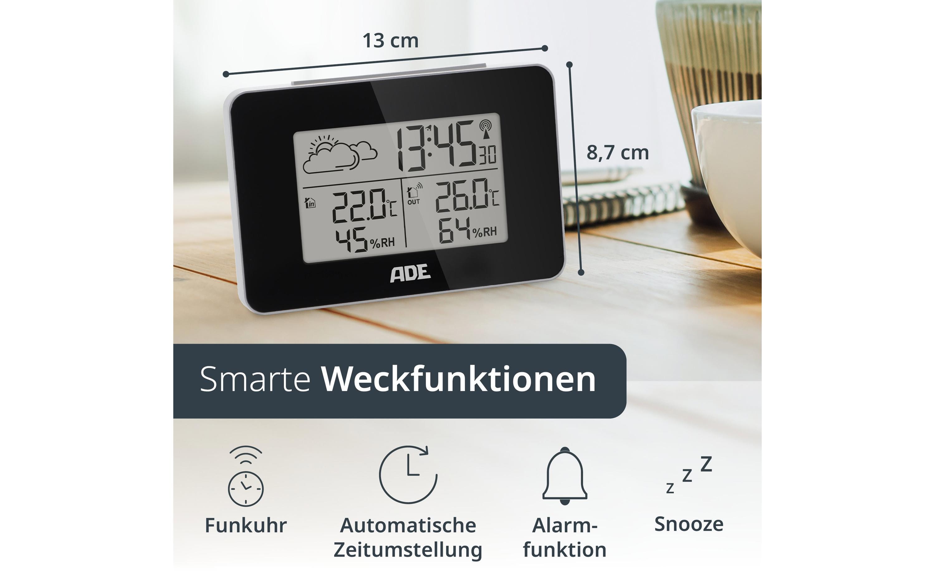 ADE Wetterstation mit Funk-Aussensensor mit DCF-Funkuhr, Schwarz