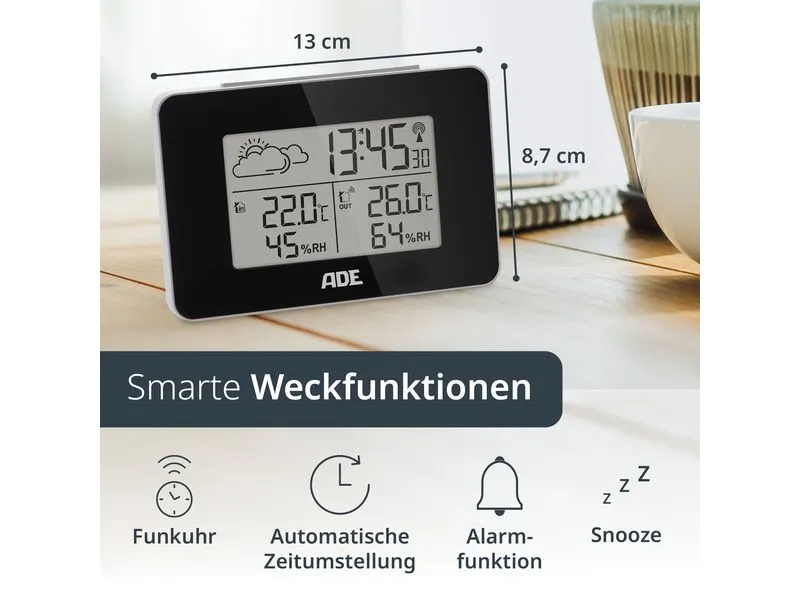 ADE Wetterstation mit Funk-Aussensensor mit DCF-Funkuhr, Schwarz