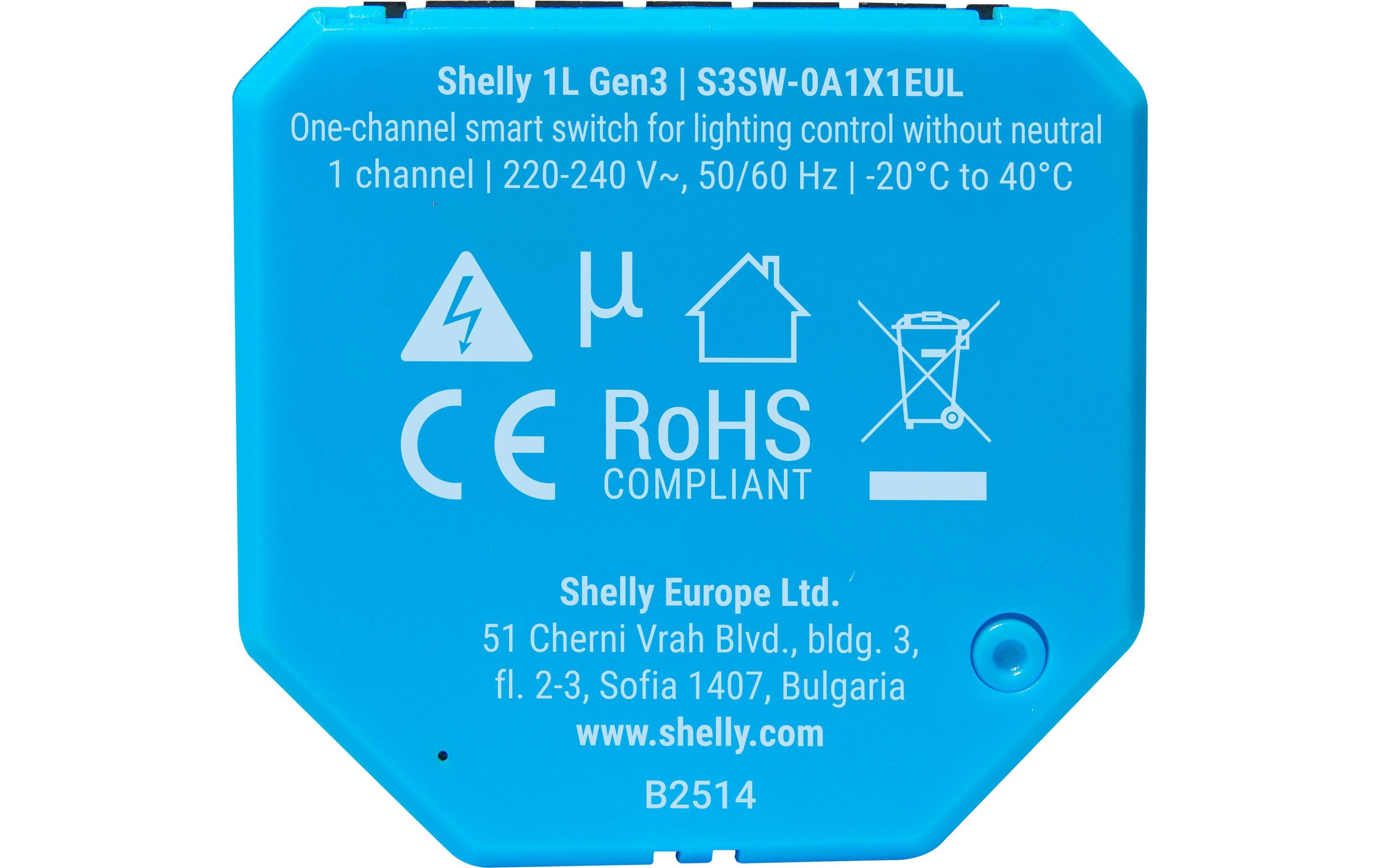 Shelly WLAN-Schaltaktor 1 l Gen3 10 A, Bluetooth Bypass