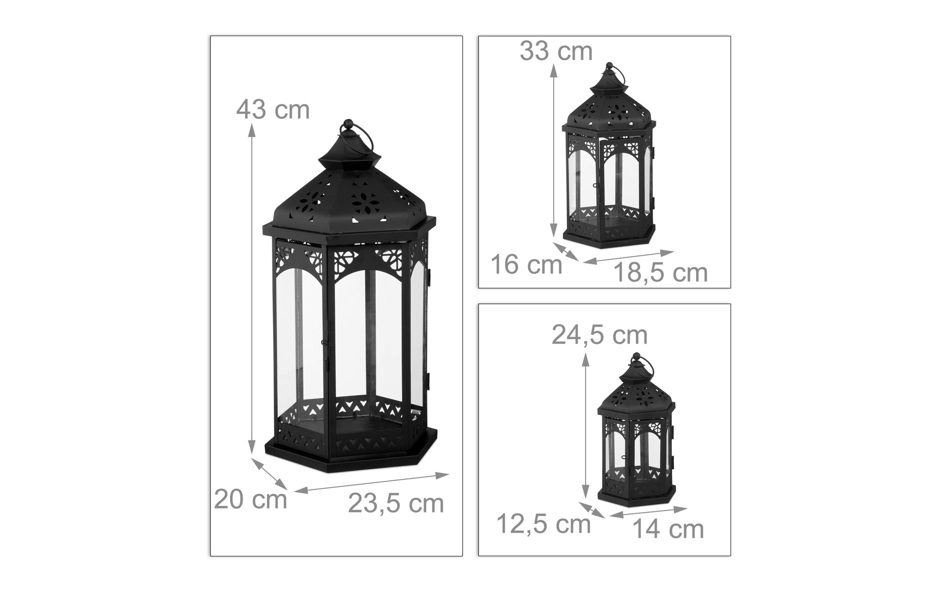 relaxdays Laterne Oriental 3 Stück, 24.5 cm/33 cm/43 cm, Schwarz
