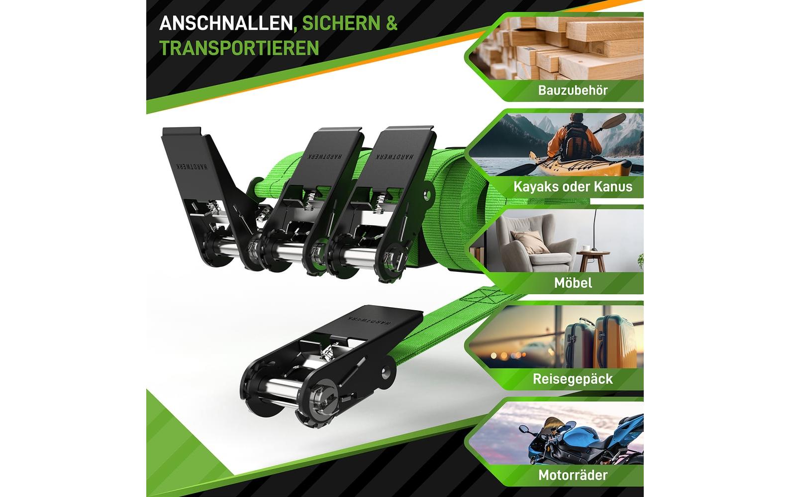 Hardtwerk Spanngurte mit Ratschen 4 Stück, 6 Meter, Grün
