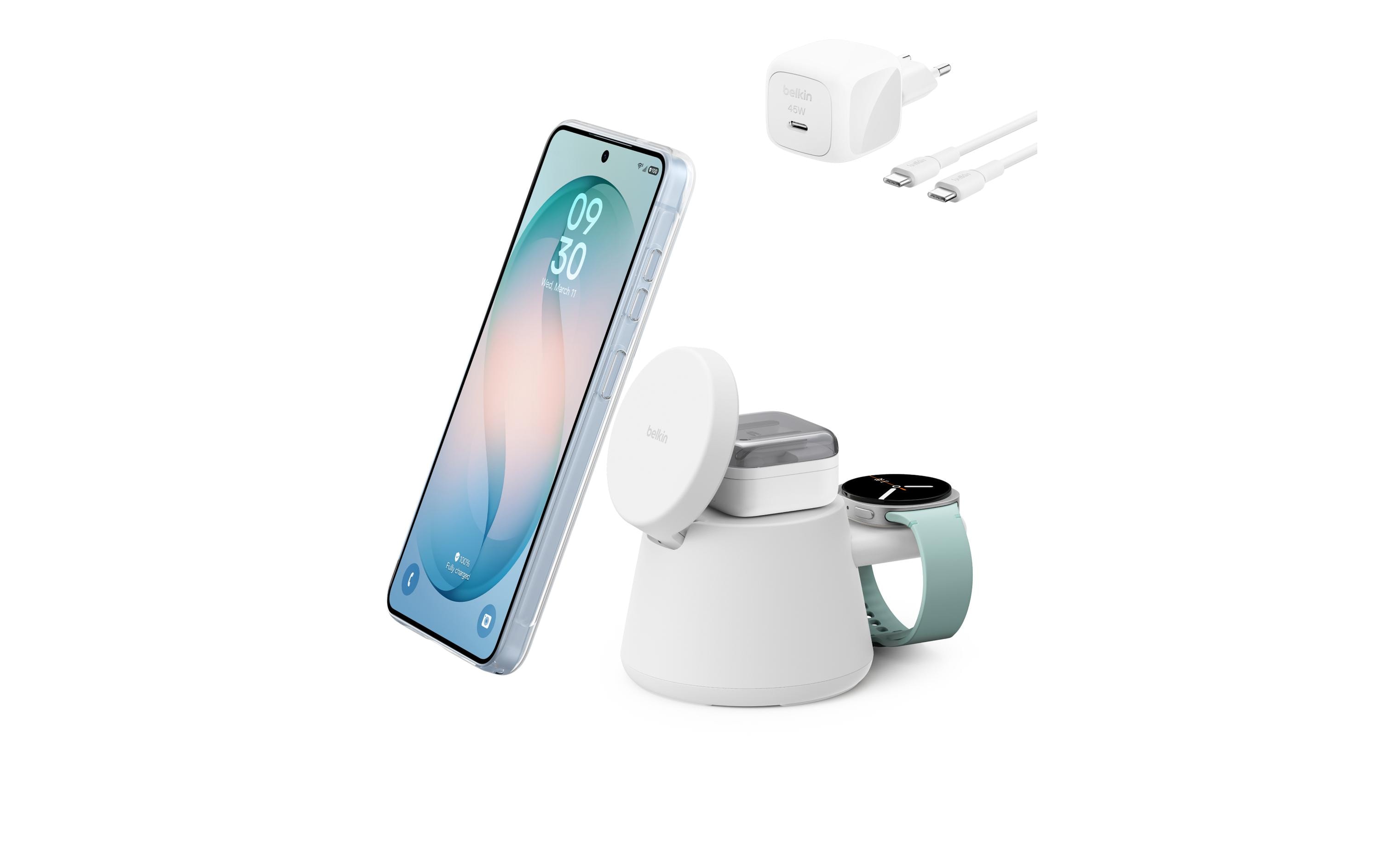 Belkin UltraCharge 3-in-1 Drahtlose Ladestation Qi2 25W weiss Belkin UltraCharge 3-in-1 Drahtlose Ladestation Qi2 25W weiss