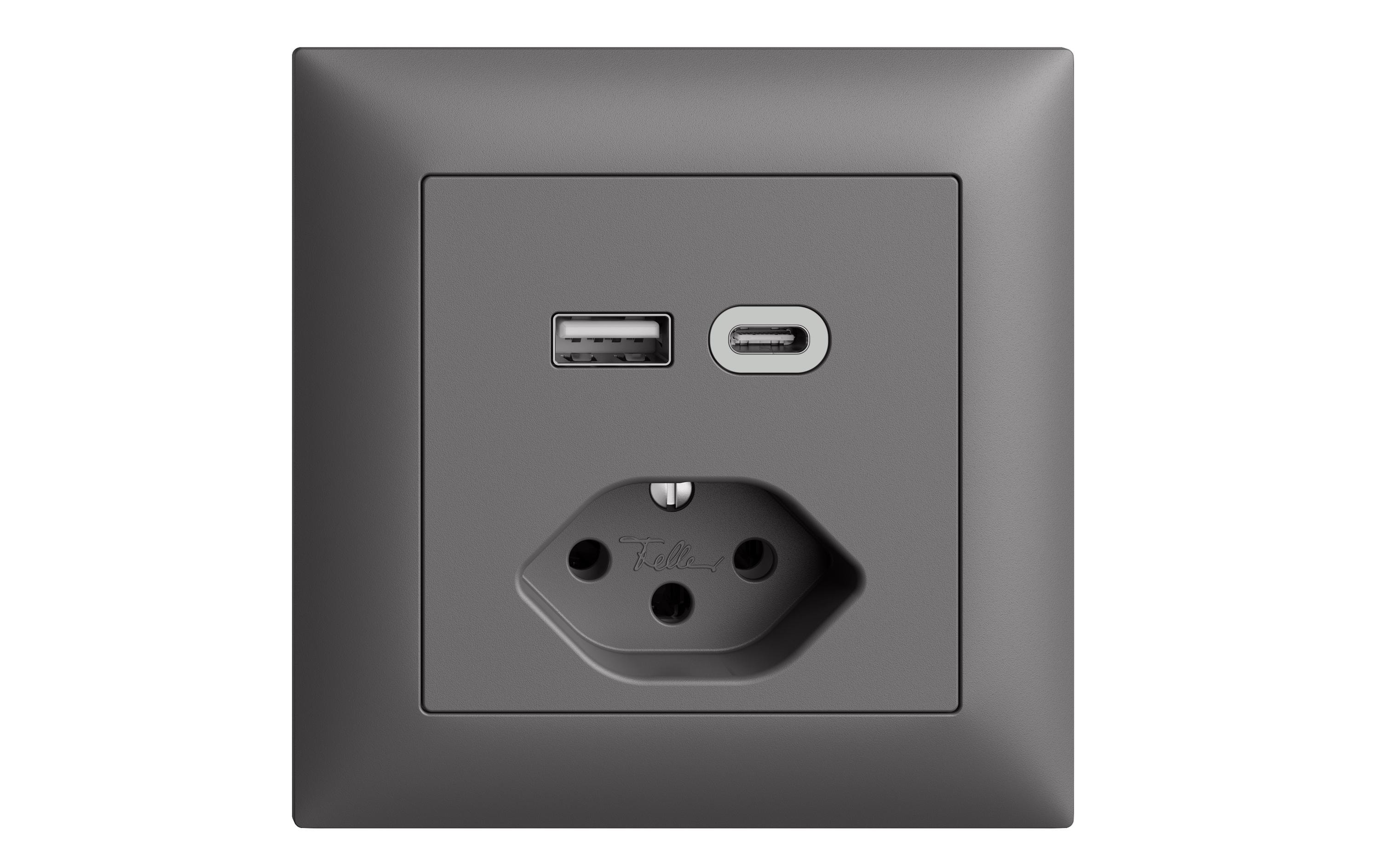 Feller EDIZIOdue Steckdose 1x USB A, 1x USB C 3 A,15 W, Dunkelgrau Feller EDIZIOdue Steckdose 1x USB A, 1x USB C 3 A,15 W, Dunkelgrau