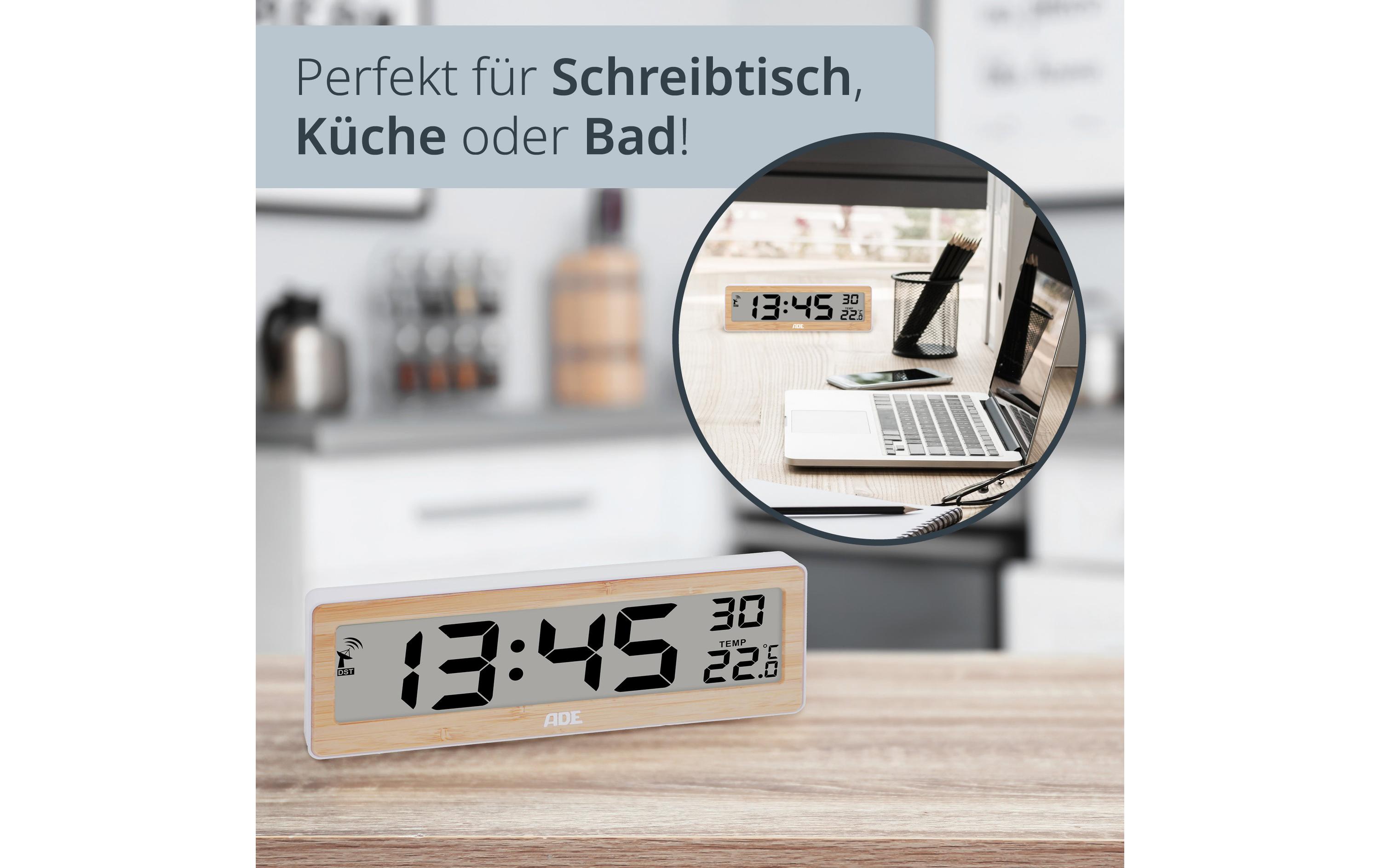 ADE Funkuhr DCF mit XXL-Ziffern digital Bambus-Weiss