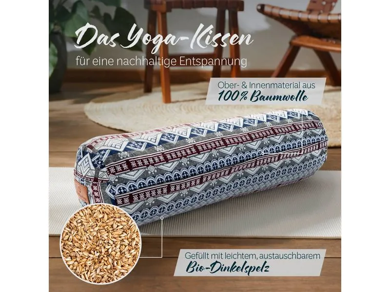 DoYourYoga Yoga-Bolster Tarik, Dinkelspelz, Mehrfarbig/Weiss