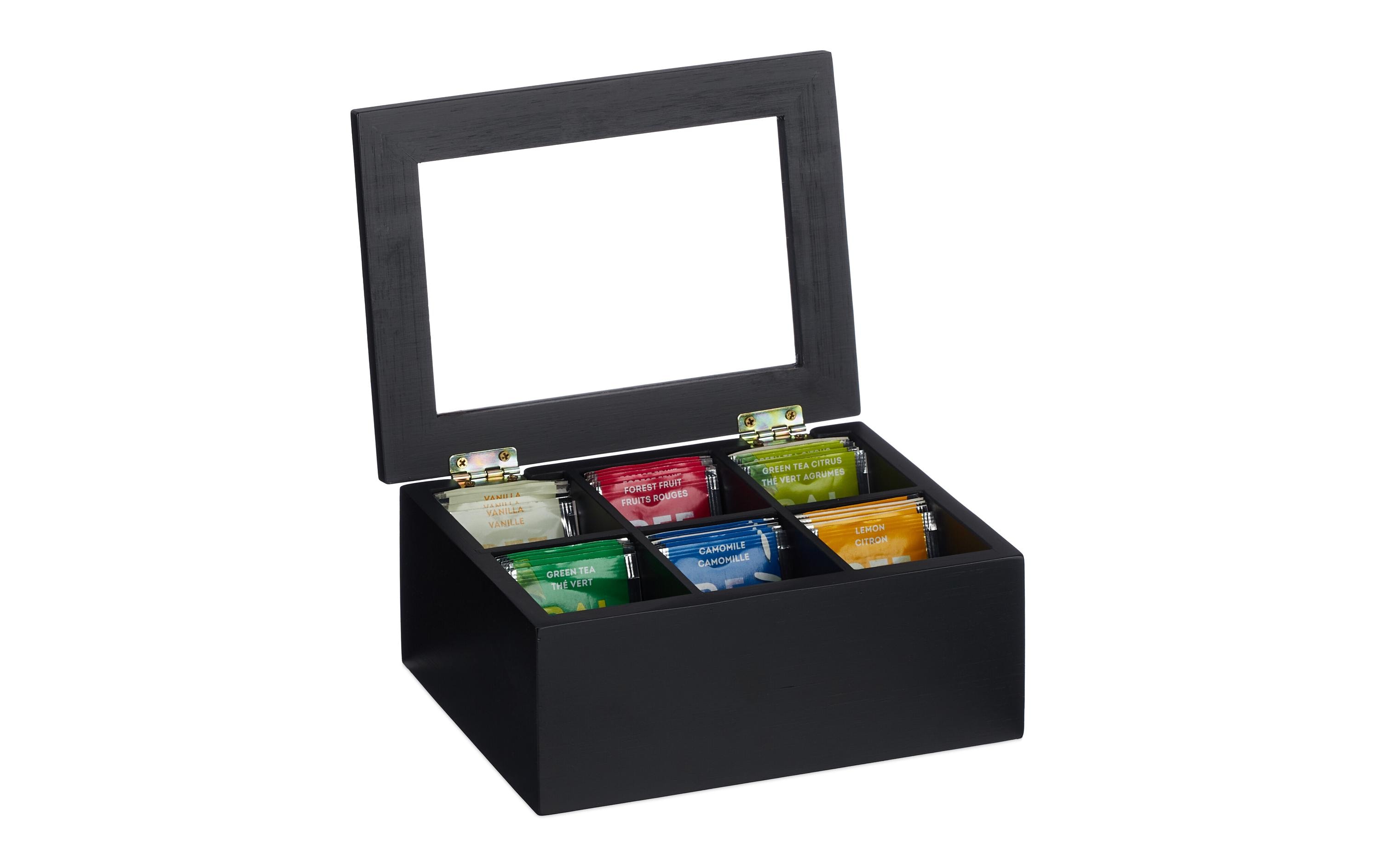 relaxdays Teebeutel-Box 6 Fächer, Schwarz/Transparent