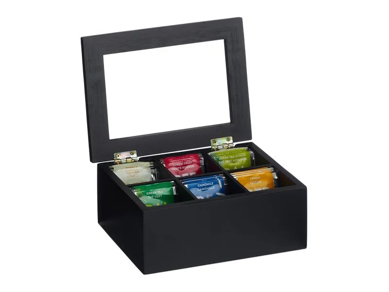relaxdays Teebeutel-Box 6 Fächer, Schwarz/Transparent