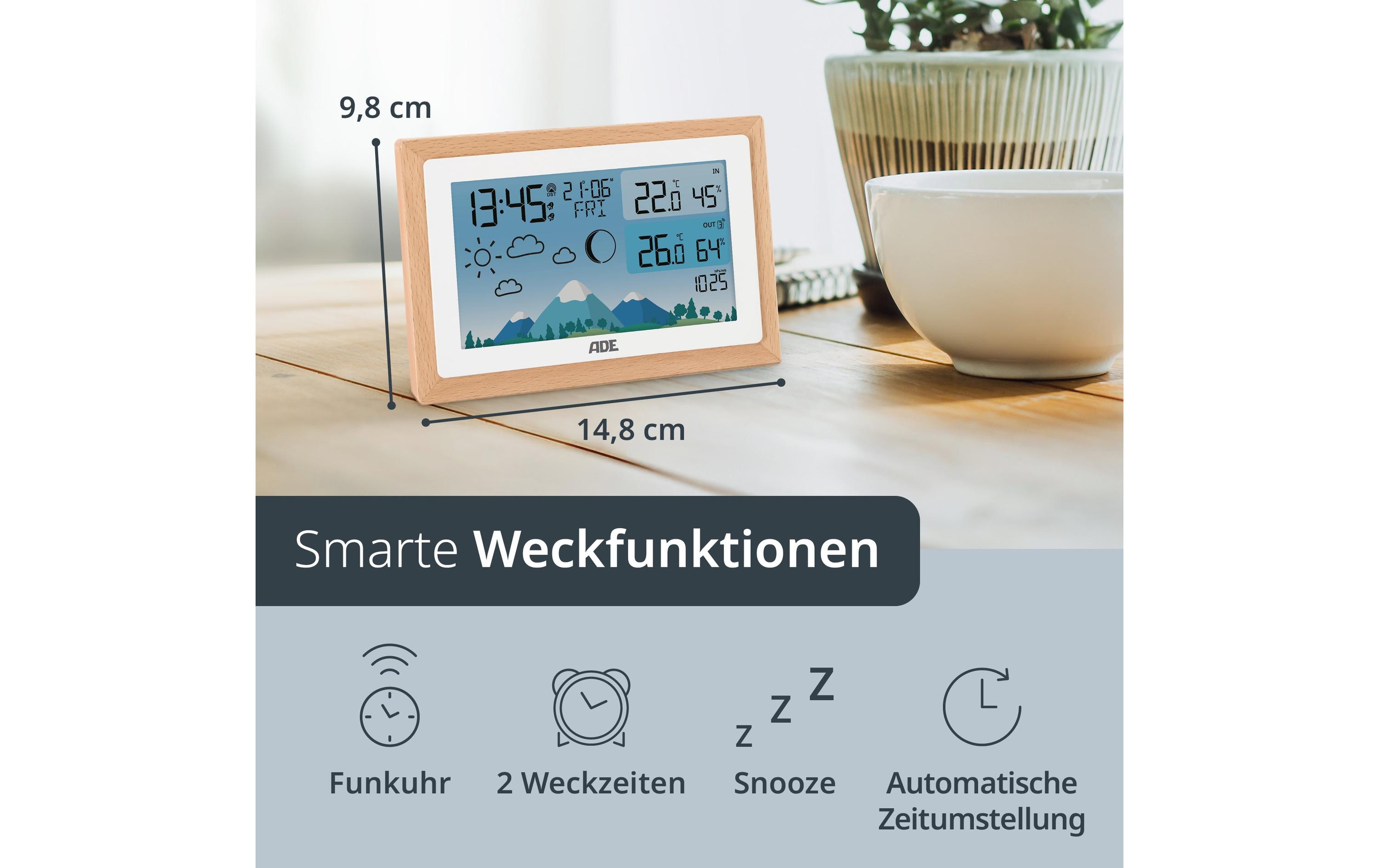 ADE Wetterstation mit Funk-Aussensensor Holz-weiss