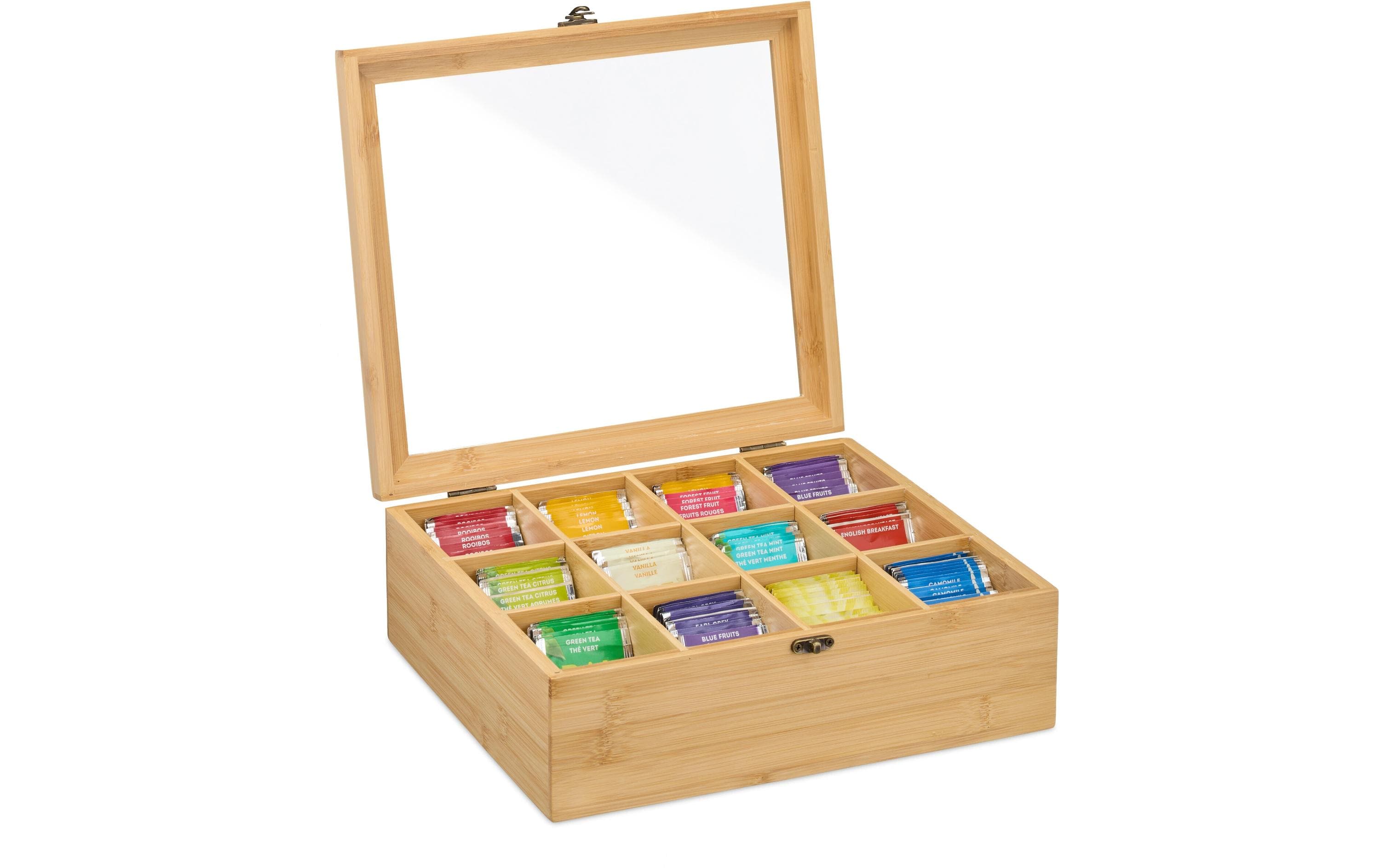 relaxdays Teebeutel-Box mit 12 Fächern, Hellbraun/Transparent
