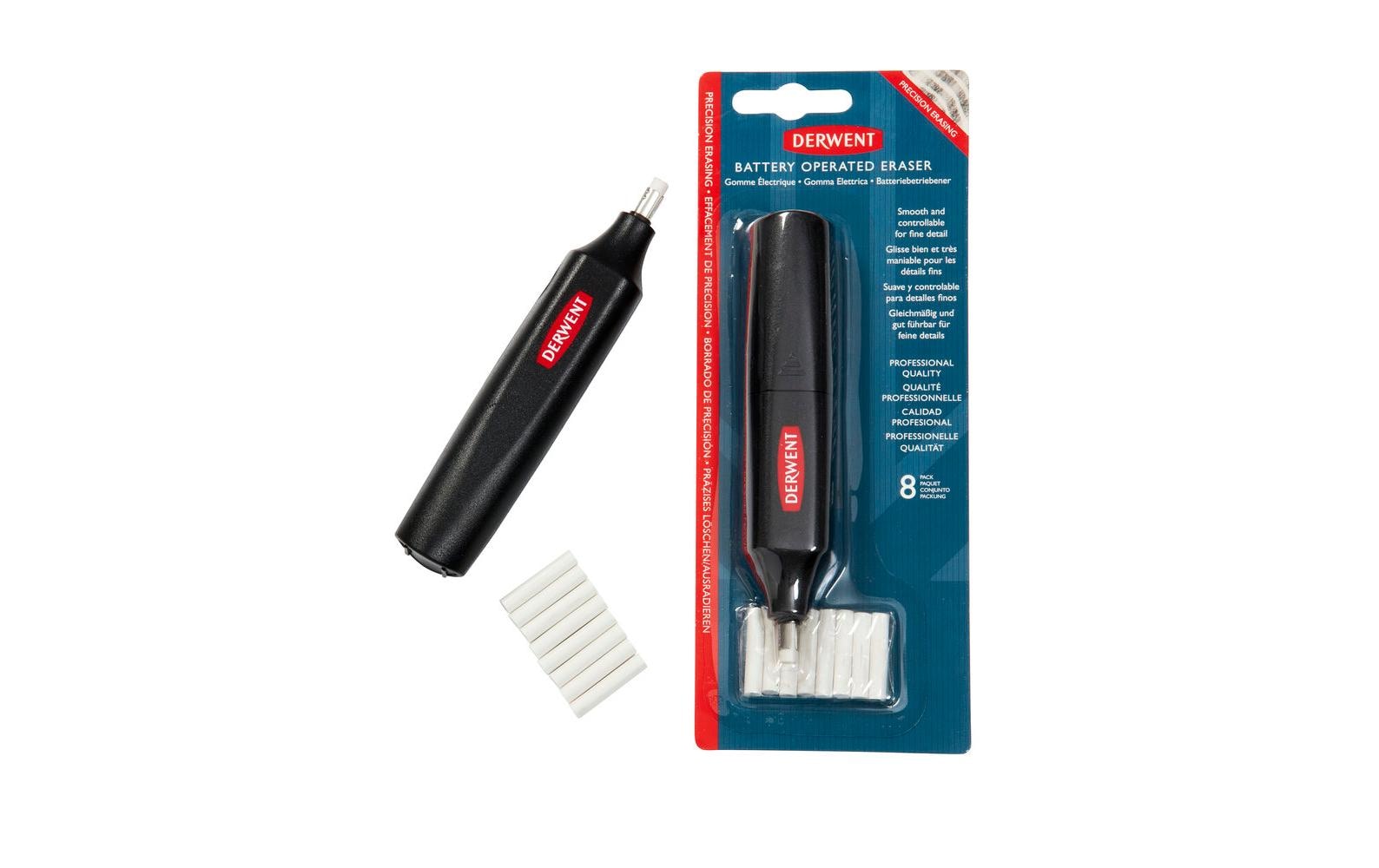 Derwent Batteriebetriebener Radierstift, inkl. 8 Ersatzradiergummis Derwent Batteriebetriebener Radierstift, inkl. 8 Ersatzradiergummis
