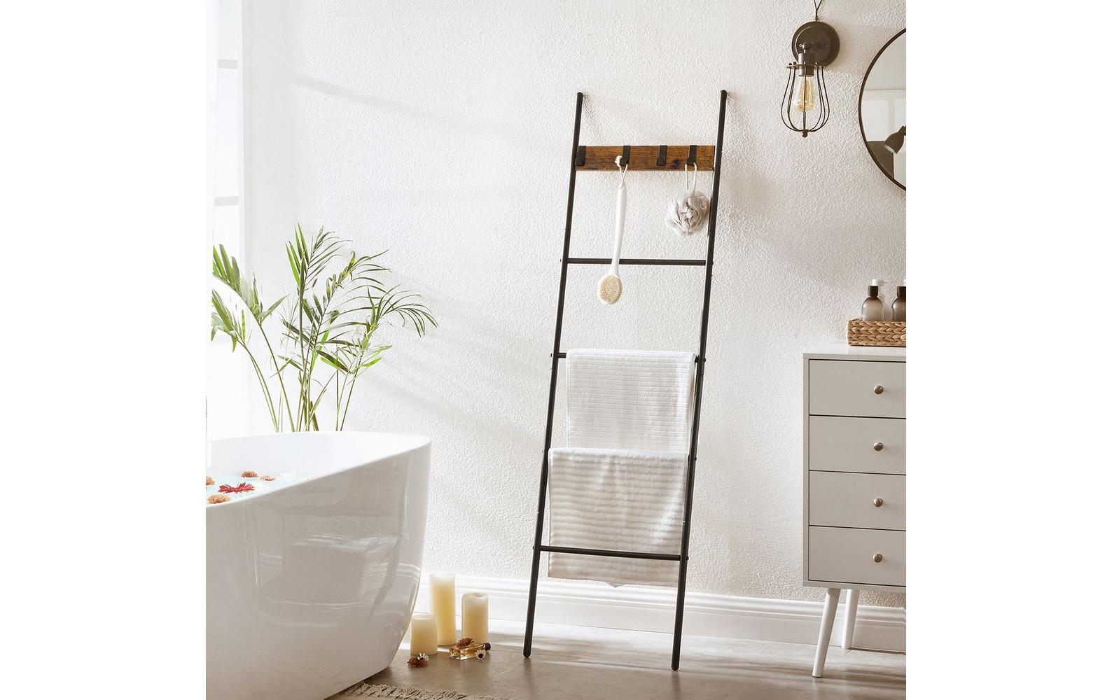 VASAGLE Leiter-Regal mit 4 Sprossen und 4 Haken Schwarz