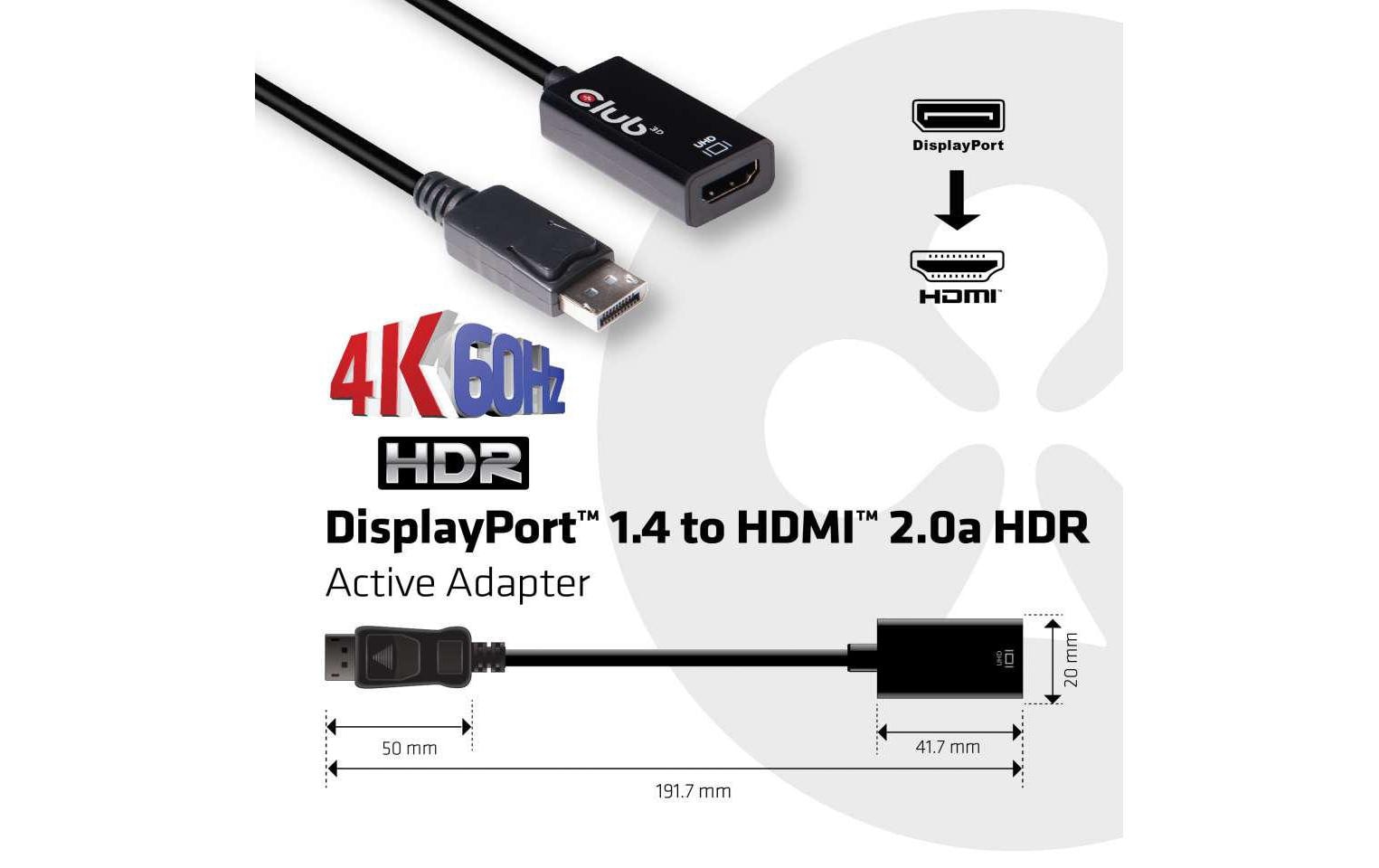 Club 3D Adapter DP 1.4 - HDMI 2.0 HDR, 4K aktiv