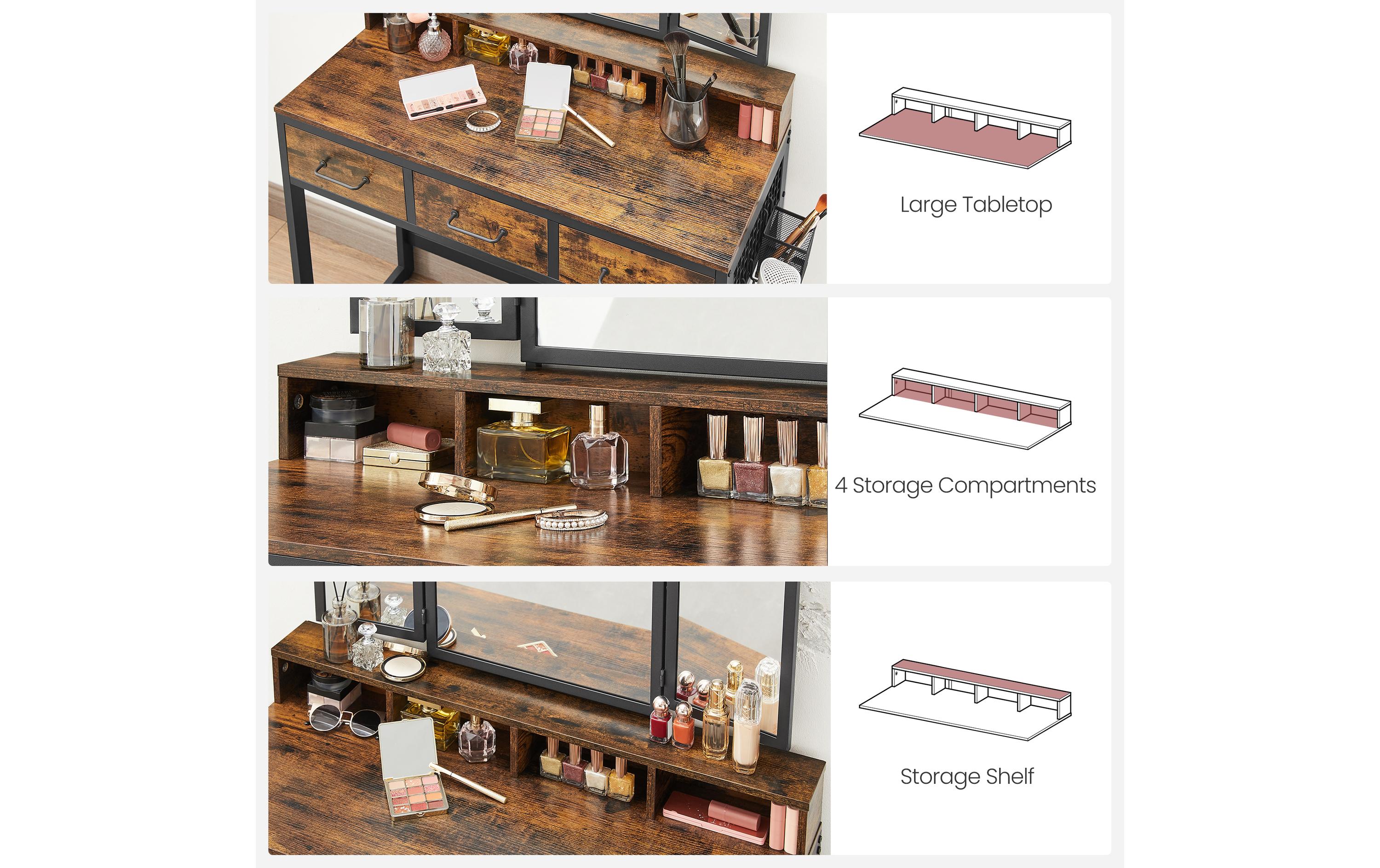 VASAGLE Schminktisch mit Hocker 90 x 141 cm, Braun/Schwarz VASAGLE Schminktisch mit Hocker 90 x 141 cm, Braun/Schwarz