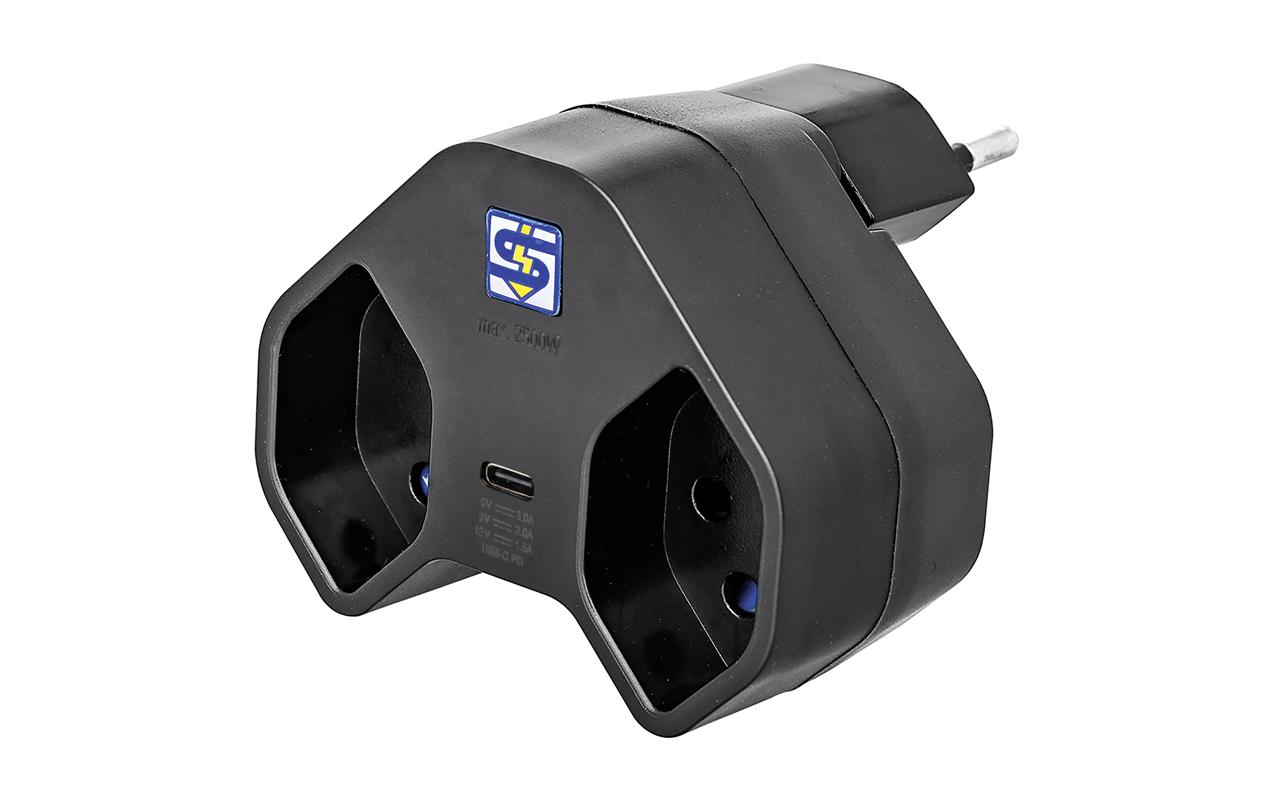 STEFFEN Abzweigstecker 2 x T13 USB-C, Schwarz, drehbar 320° STEFFEN Abzweigstecker 2 x T13 USB-C, Schwarz, drehbar 320°