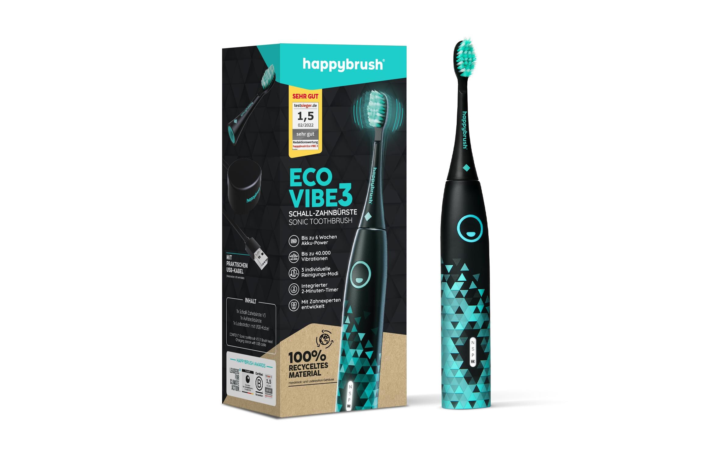 happybrush Schallzahnbürste ECO V3 light Schwarz