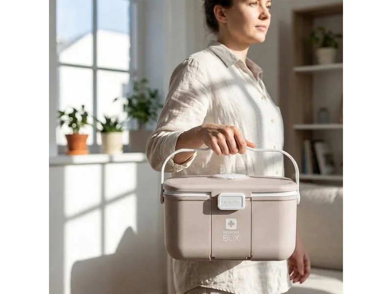 relaxdays Medizinbox aus Kunststoff Beige/Grau 17 x 28 x 18 cm