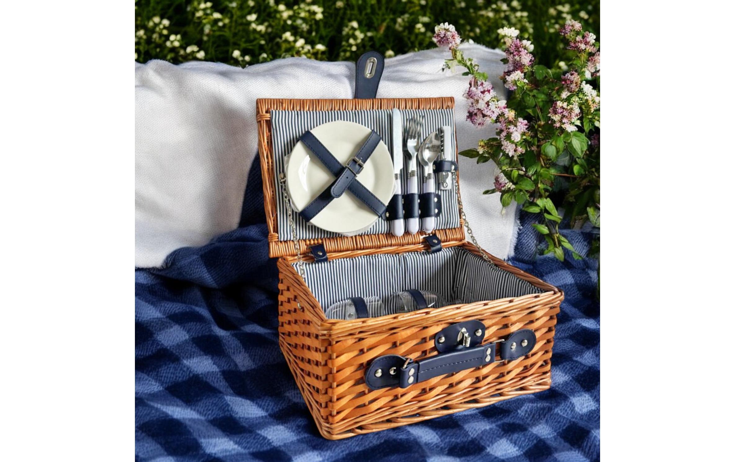 Dameco Picknickkorb für 2 Personen 11-teilig, Braun/Blau