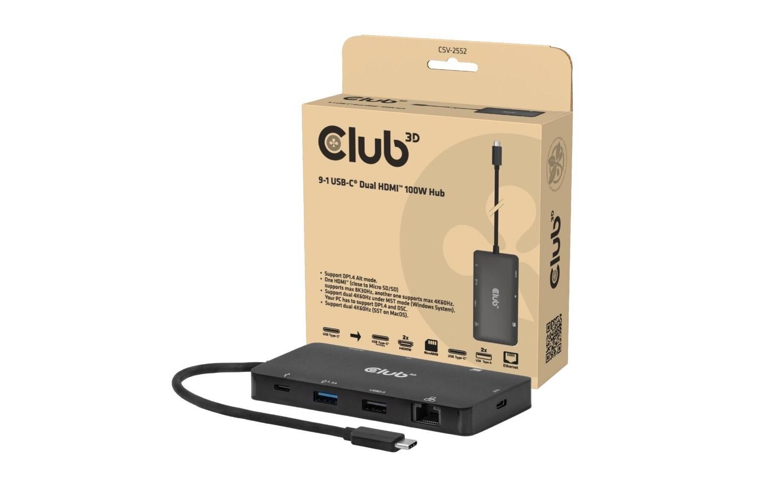 Club 3D Dockingstation CSV-2552 9-1 USB-C Dual HDMI 100W Hub