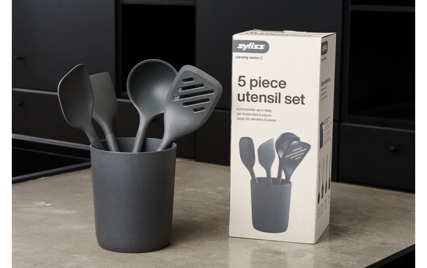 Zyliss Küchenutensilien mit Ständer 5-teilig, Grau/Schwarz