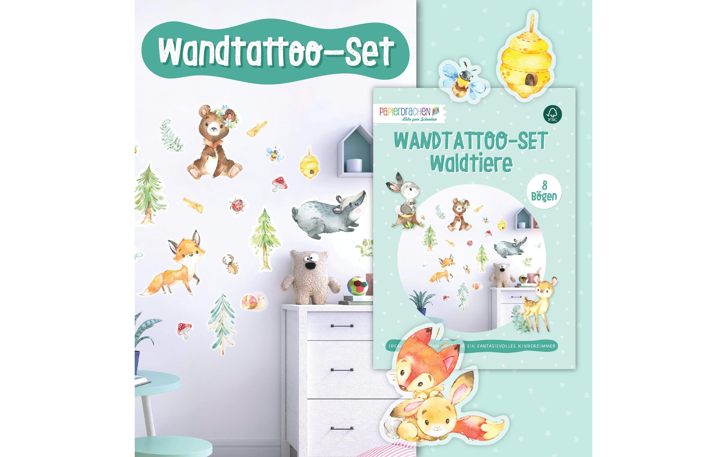 Papierdrachen Wandtattoo-Set Waldtiere