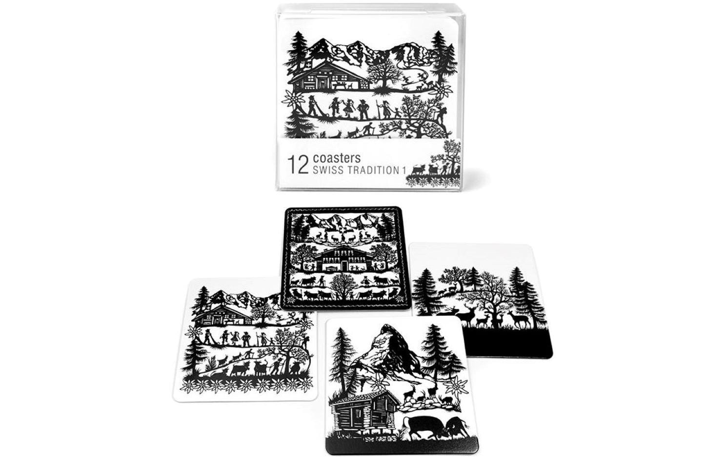 Trendform Glasuntersetzer Swiss Tradition 1 12 Stück, Schwarz/Weiss