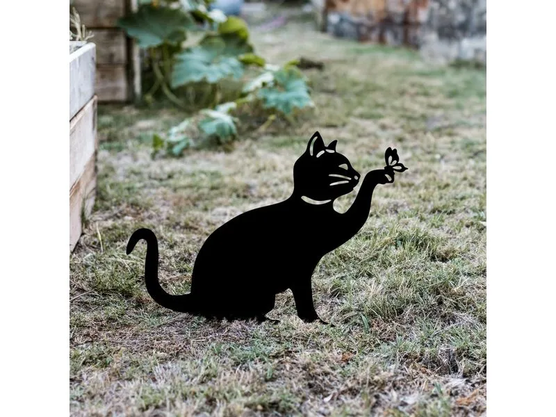 Wallxpert Gartenstecker Katze mit Schmeterling 36 x 31 cm