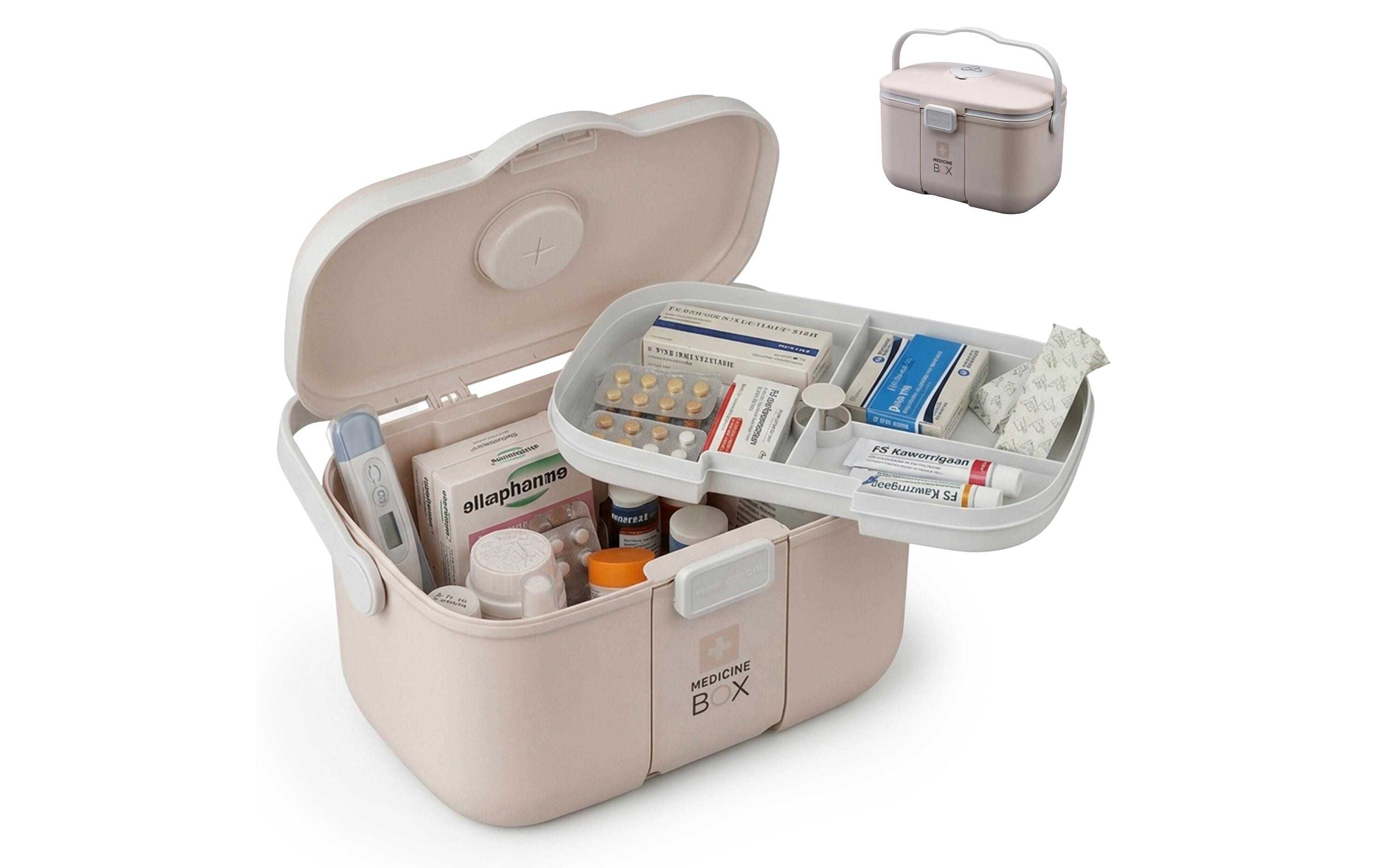relaxdays Medizinbox aus Kunststoff Beige/Grau 17 x 28 x 18 cm