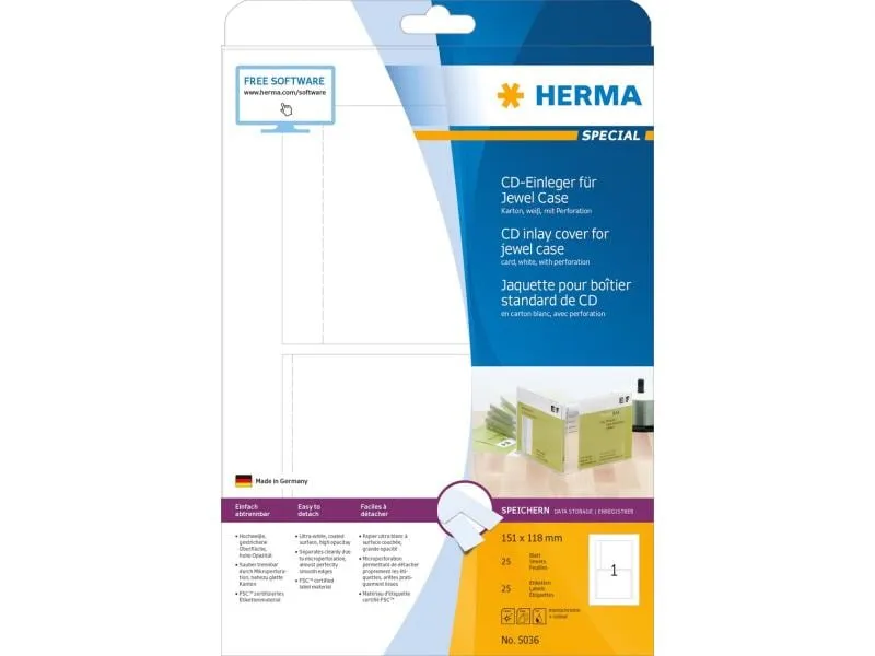 HERMA CD-Einleger 5036 Weiss, 25 Etiketten
