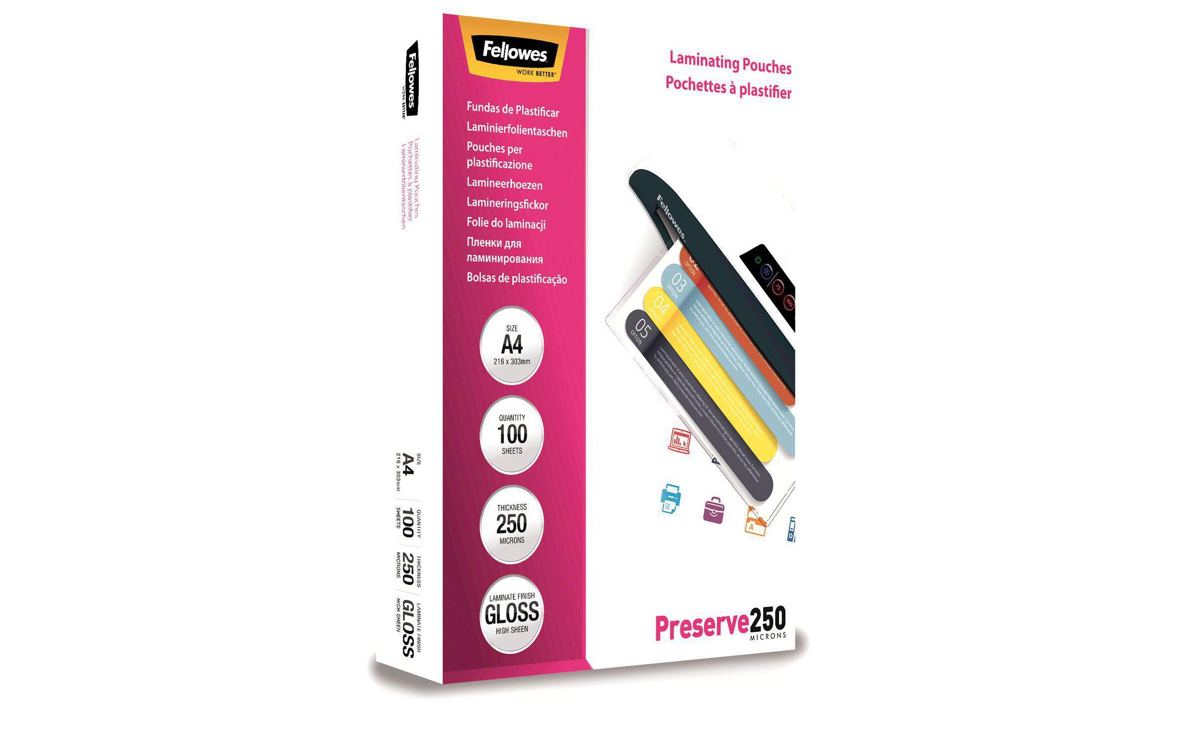 Fellowes Laminierfolie A4, 250 µm, 100 Stück, Glänzend Fellowes Laminierfolie A4, 250 µm, 100 Stück, Glänzend