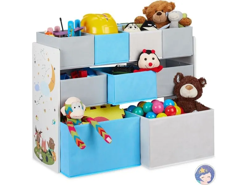 relaxdays Kinderregal, 9 Stoffboxen, Weiss / Grau / Hellblau